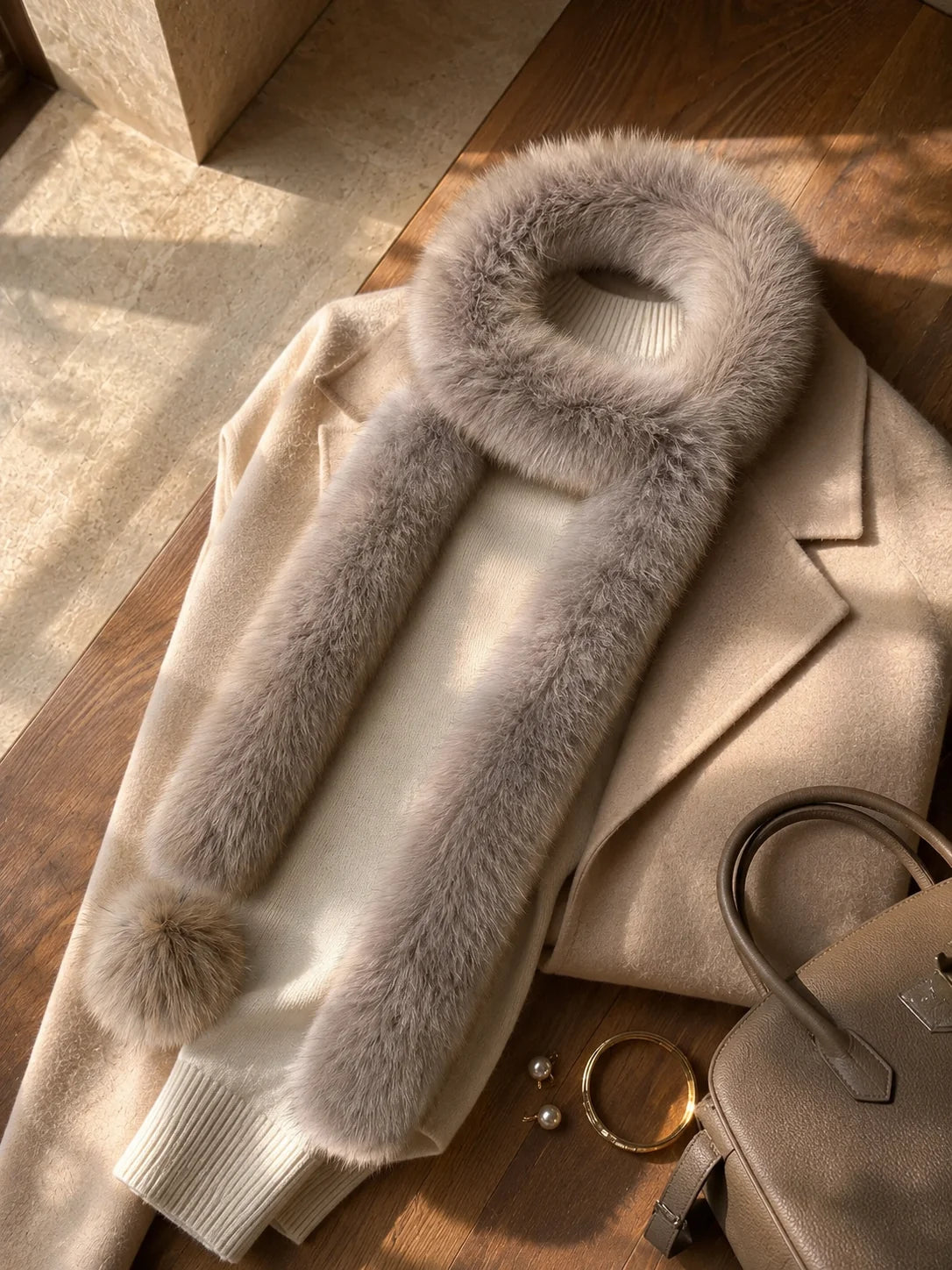 Golden Brown fox fur long scarf styled with a neutral coat and knitwear