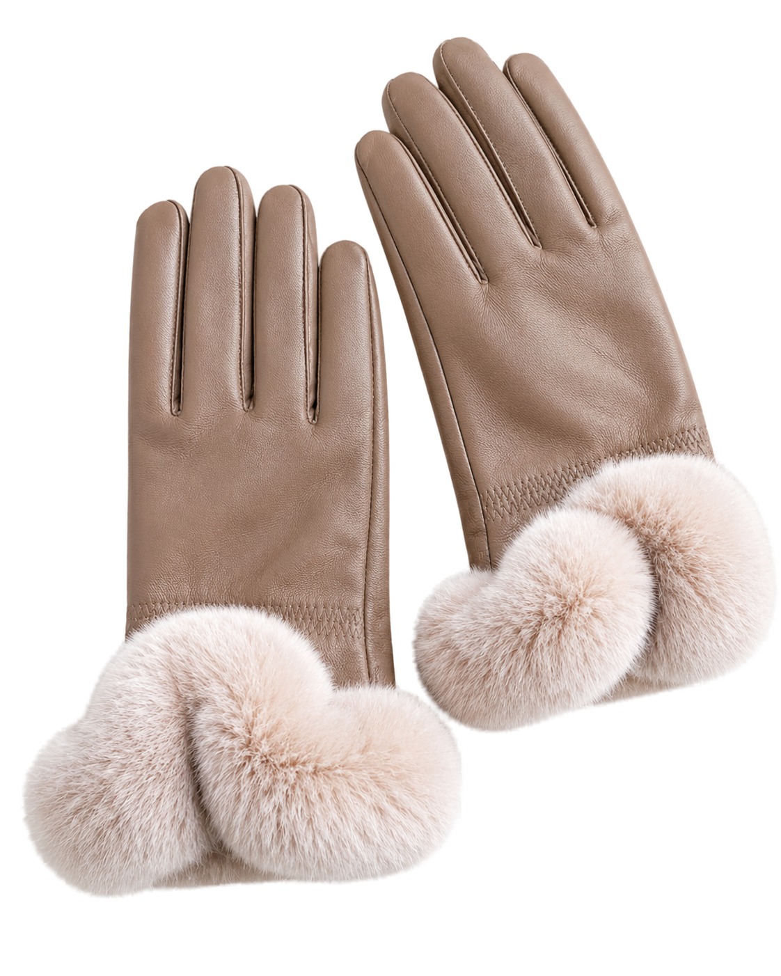 Taupe women's sheepskin leather gloves with genuine Rex rabbit fur cuffs