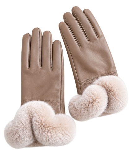 Taupe women's sheepskin leather gloves with genuine Rex rabbit fur cuffs