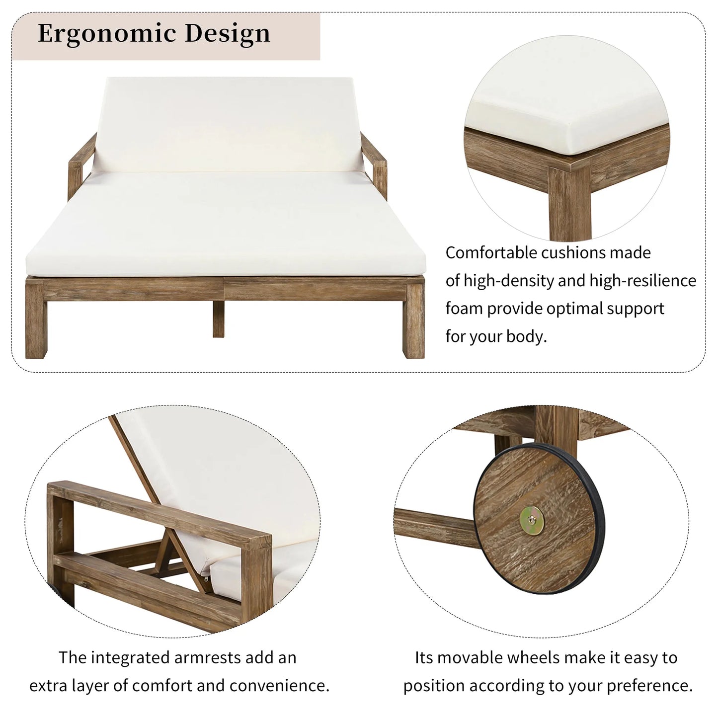 1-Piece Farmhouse-styled Wooden Outdoor Sunbed for Ultimate Relaxation Outdoor Daybed Seating 2 People for Poolside, Garden and Backyard (Beige) – view 5