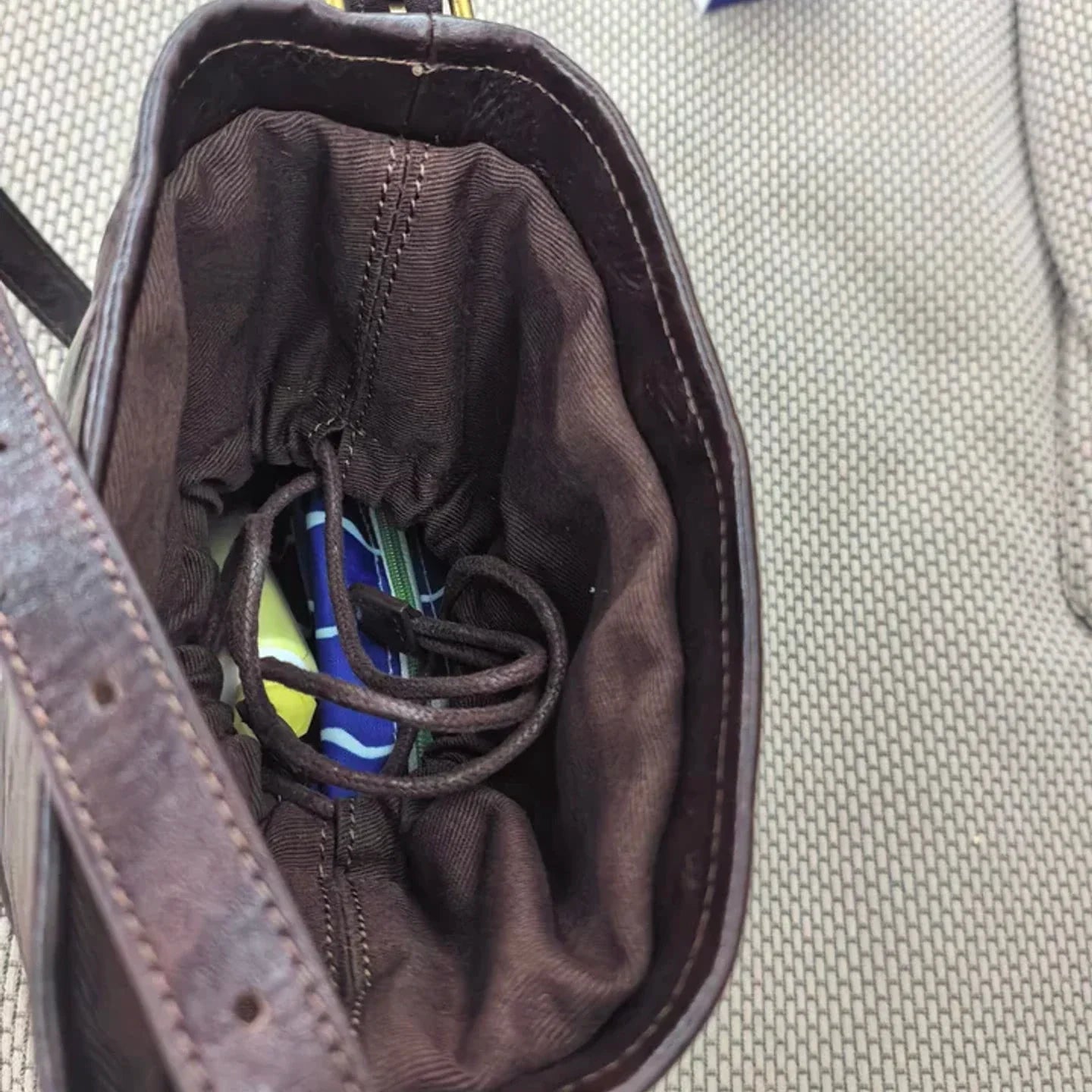 Interior view of the top-grain leather bucket bag