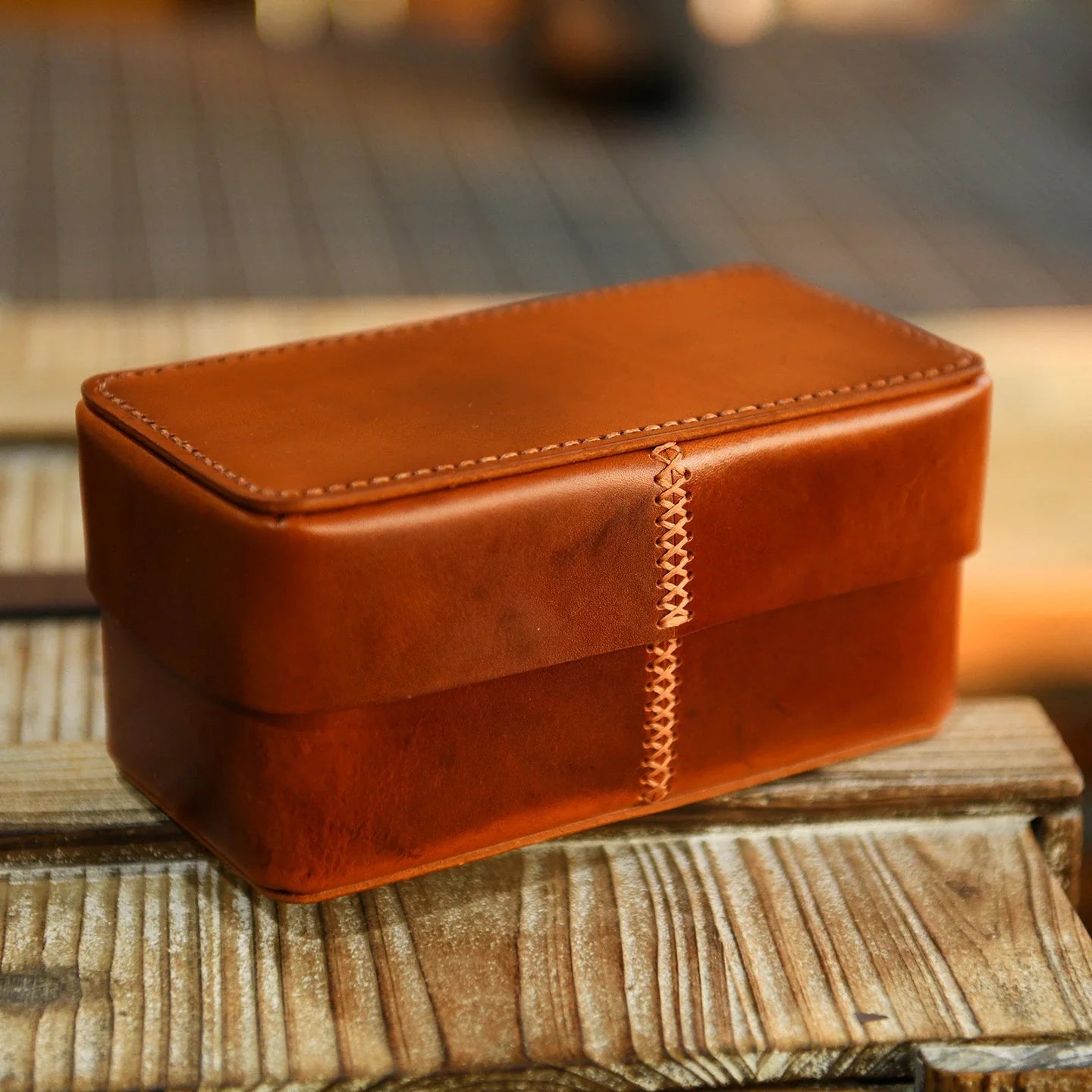 Vintage brown handcrafted leather storage box