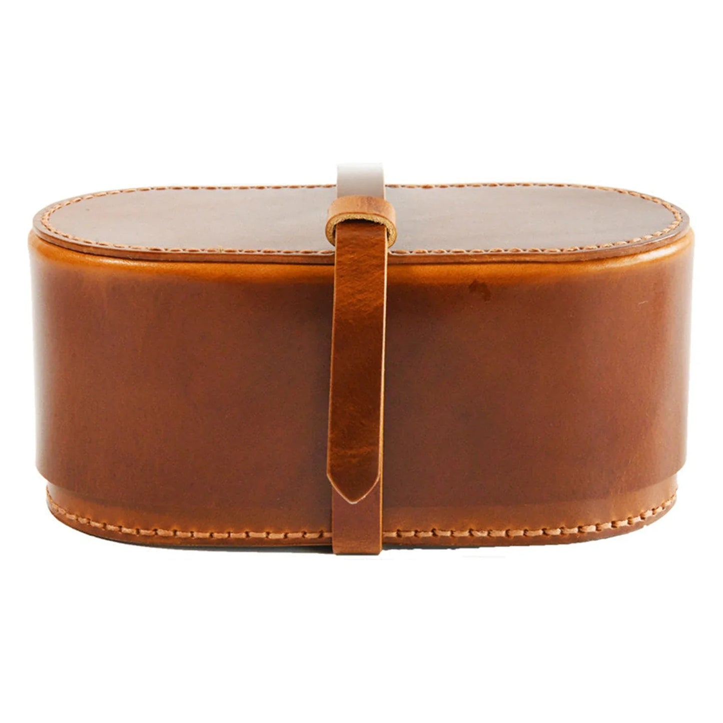 Full view of vintage brown leather tea set travel case