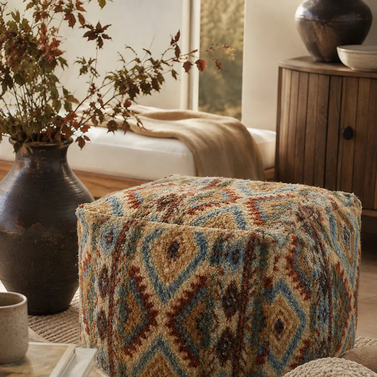 Vintage geometric floor cushion beside warm wood furniture