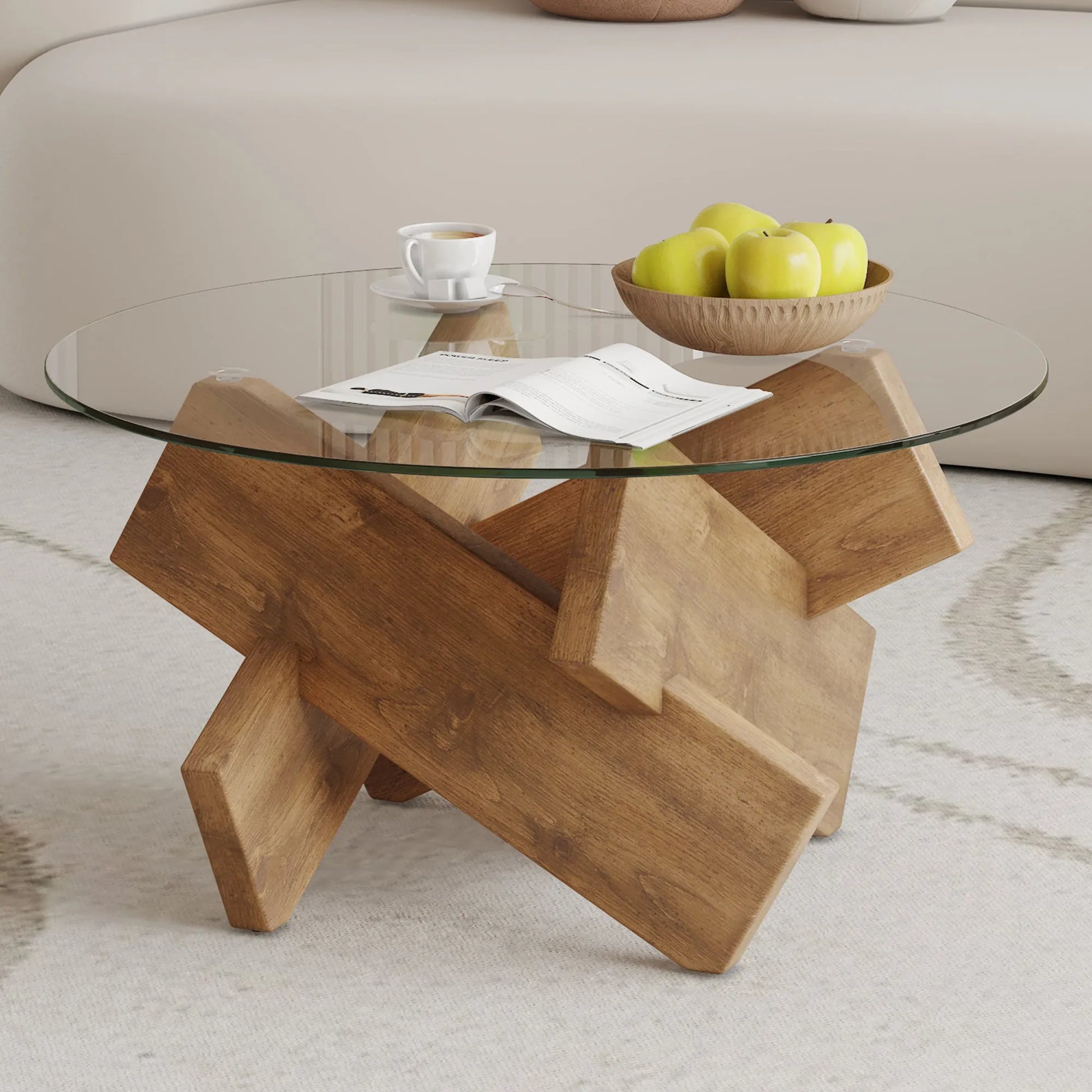 Circular glass coffee table, 33.4-inch modern and distinctive design tea table. Tempered glass countertop, wood colored MDF table legs. Suitable for – view 5