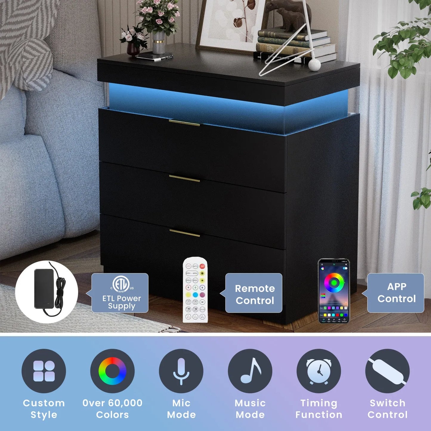 Nightstand with Charging Station and LED Lights,Night Stand with Sliding Top for Bedroom,Bedside Table with Drawers,Modern End Side – view 5
