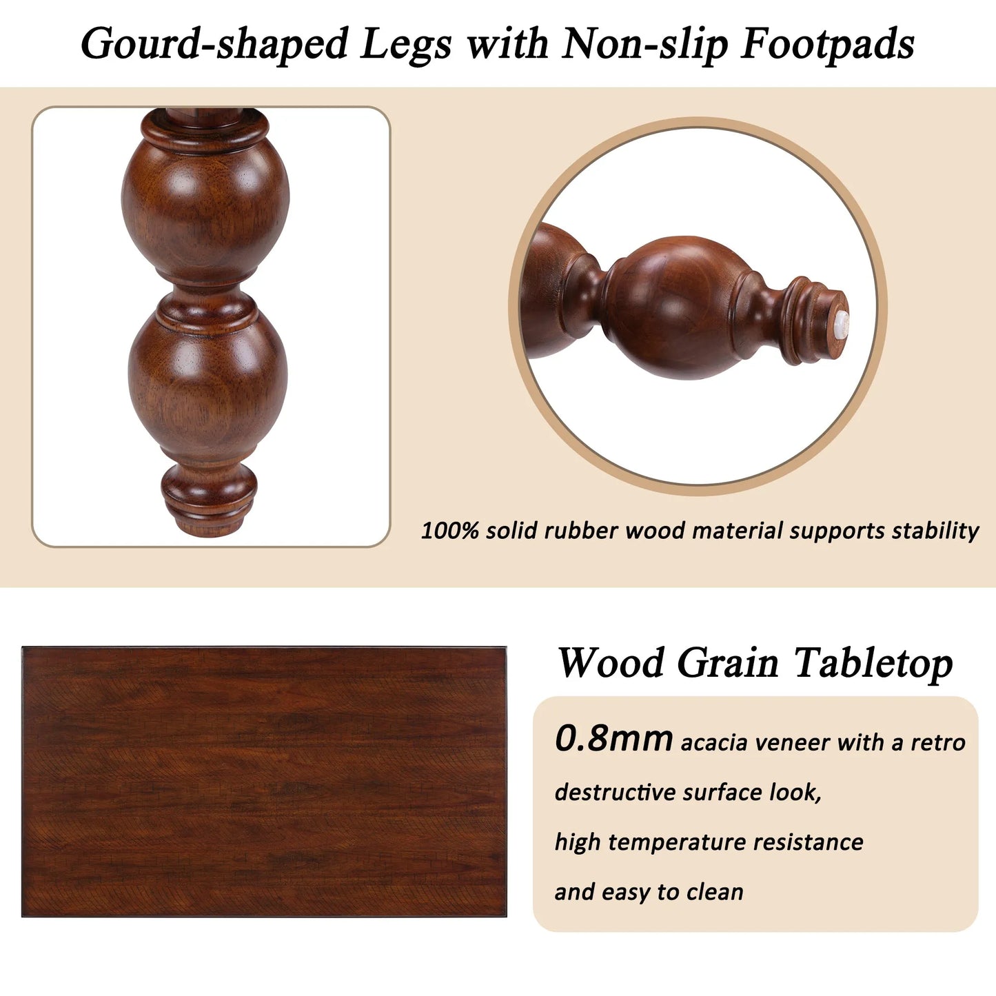 Rectangular Wooden Coffee Table with Storage Drawer, Vintage Cocktail Table with Solid Wood Gourd-Shaped Legs for Living Room,No-Tools Assembly – view 5