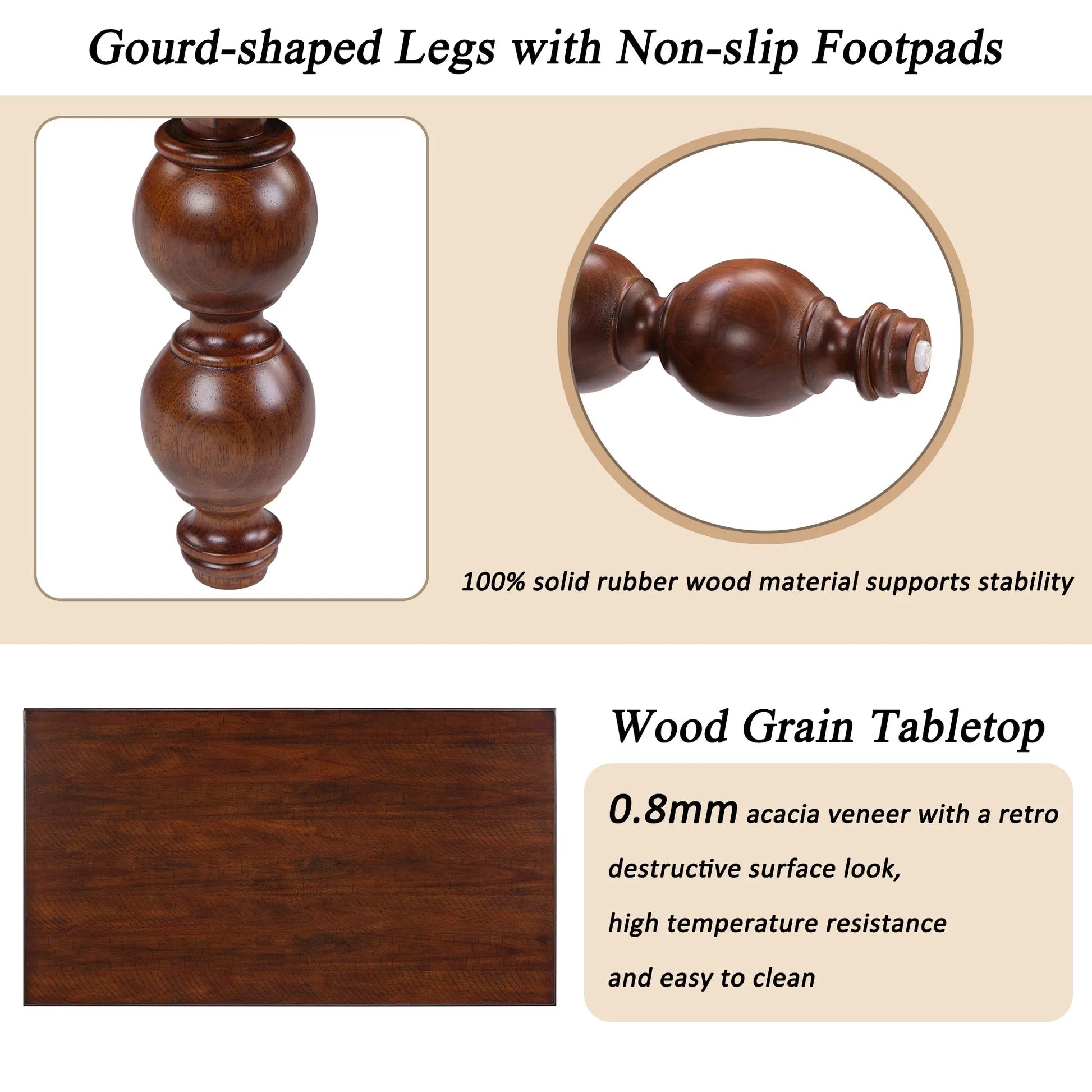 Rectangular Wooden Coffee Table with Storage Drawer, Vintage Cocktail Table with Solid Wood Gourd-Shaped Legs for Living Room,No-Tools Assembly – view 5