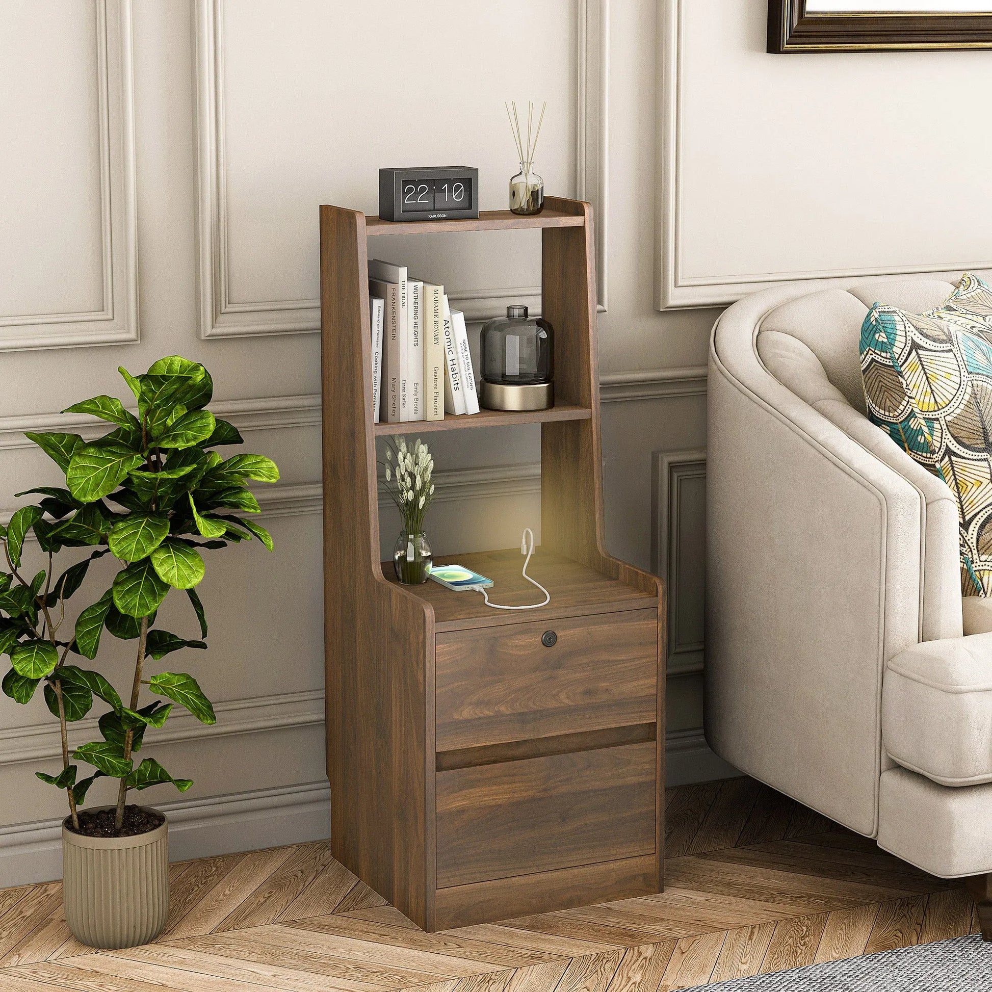 Nightstand with Charging Station, Smart Nightstand with Night Light, Modern Night Stand with Bookshelf, Bedside Tables with Storage Cabinet for – view 5