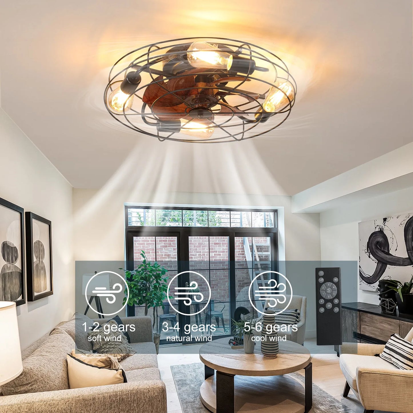 Caged Ceiling Fan With Light, 20'' farmhouse Low Profile Ceiling fan Lights With Remote Control, Modern Enclosed 4x E26 Bulb Ceiling Fans With – view 5