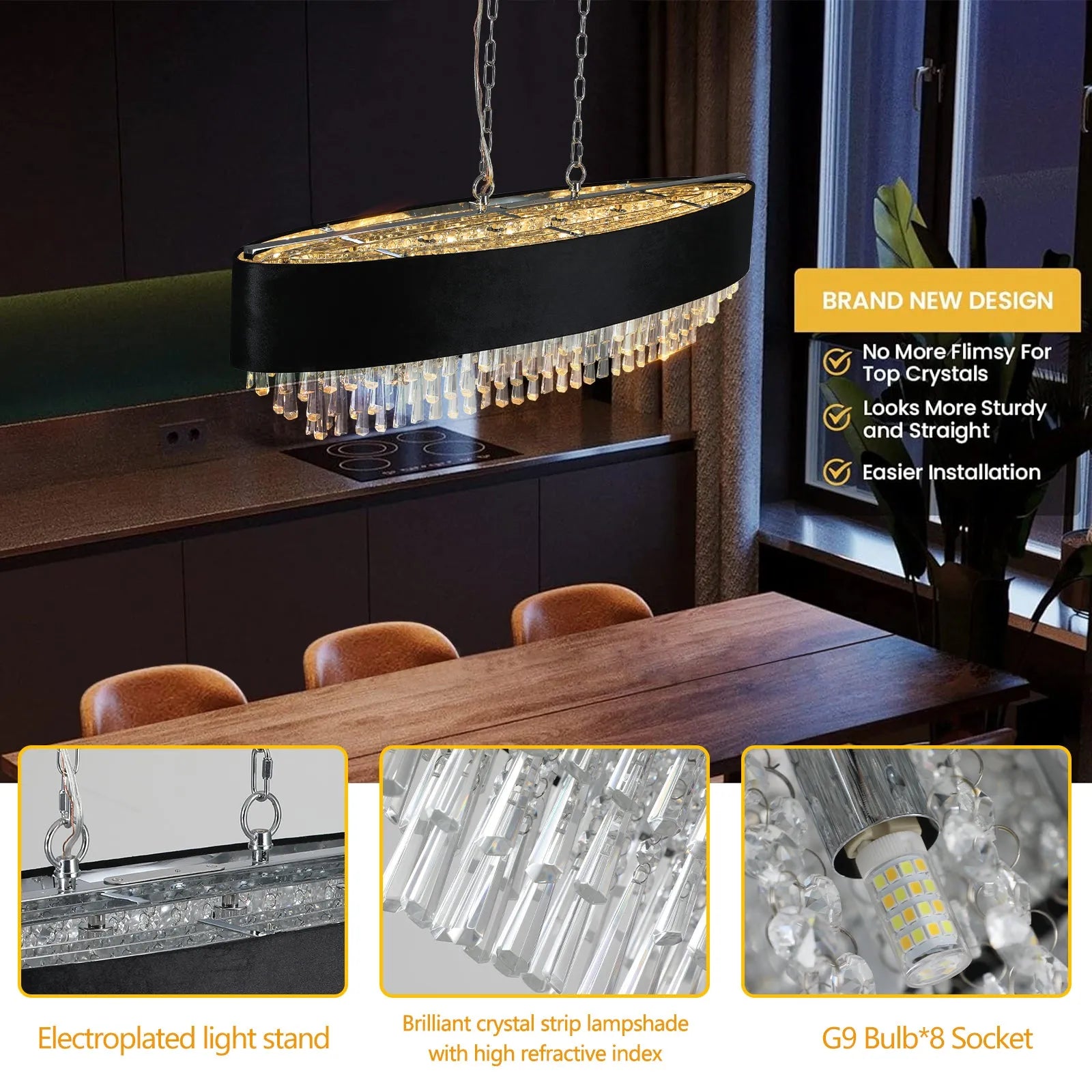 39' Modern Crystal Chandelier with Black Imitation Velvet Anti-Glare Shade, Adjustable Height, 8-Light G9 Base for Dining Room, Living Room, or – view 5