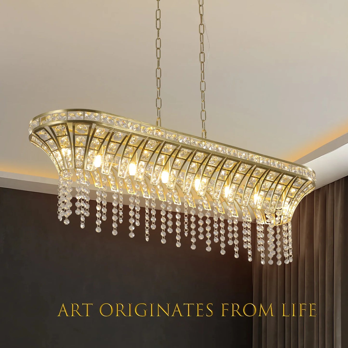 39' Modern Crystal Linear Rectangle Chandelier with Gold Finish, Elegant Pendant Light with Cascading Beads, for Dining Room, Living Room, or Foyer – view 5
