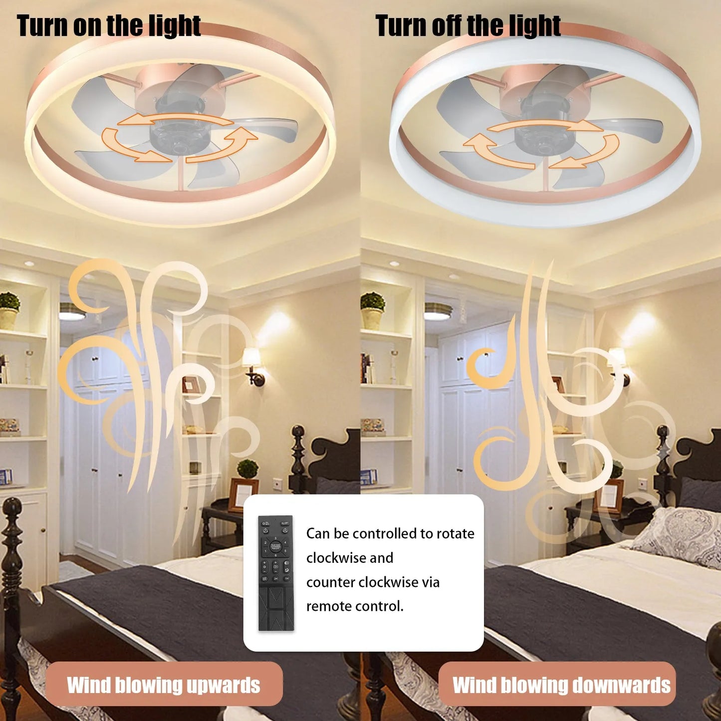 Ceiling Fans with Lights Dimmable LED Embedded installation of thin modern ceiling fans(Rose Gold) – view 5