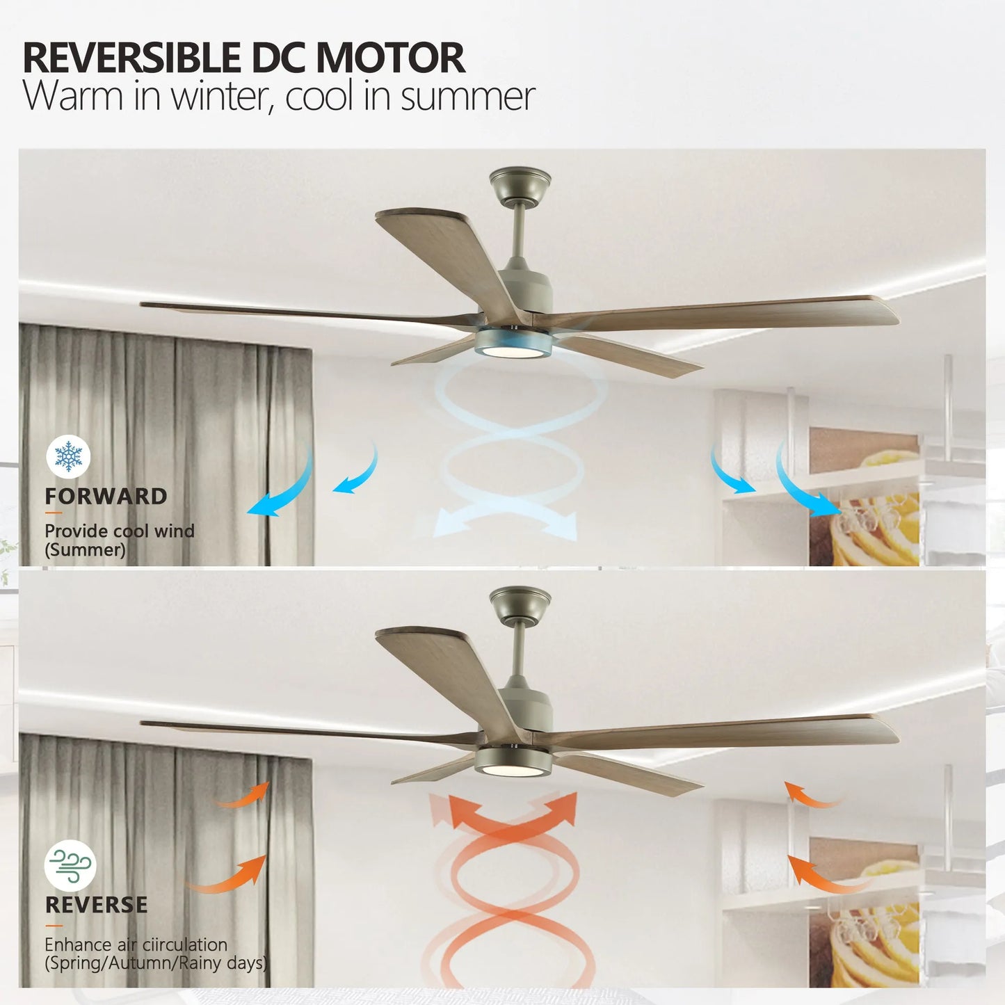 60' Modern Wood Ceiling Fan with Light and Remote Control,6-Speed Noiseless Reversible DC Motor, Ceiling Fan for Kitchen Dinning Living Room – view 5