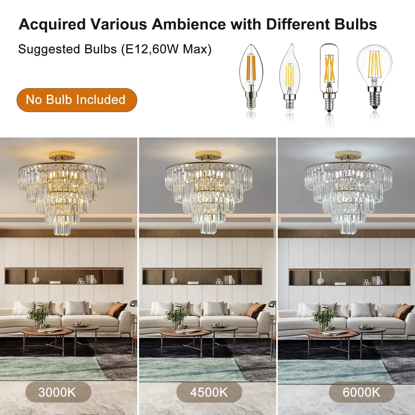 Gold Crystal Chandeliers,5-Tier Round Semi Flush Mount Chandelier Light Fixture,Large Contemporary Luxury Ceiling Lighting for Living Room Dining – view 5