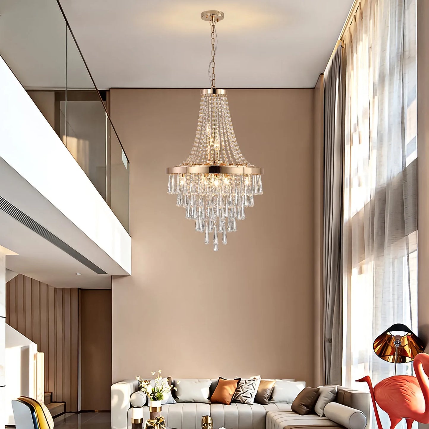 20' Modern Crystal Pendant Chandelier with Golden Finish – Elegant 11-Light Hanging Light Fixture Tiered Design for Dining Room, Living Room, or – view 5
