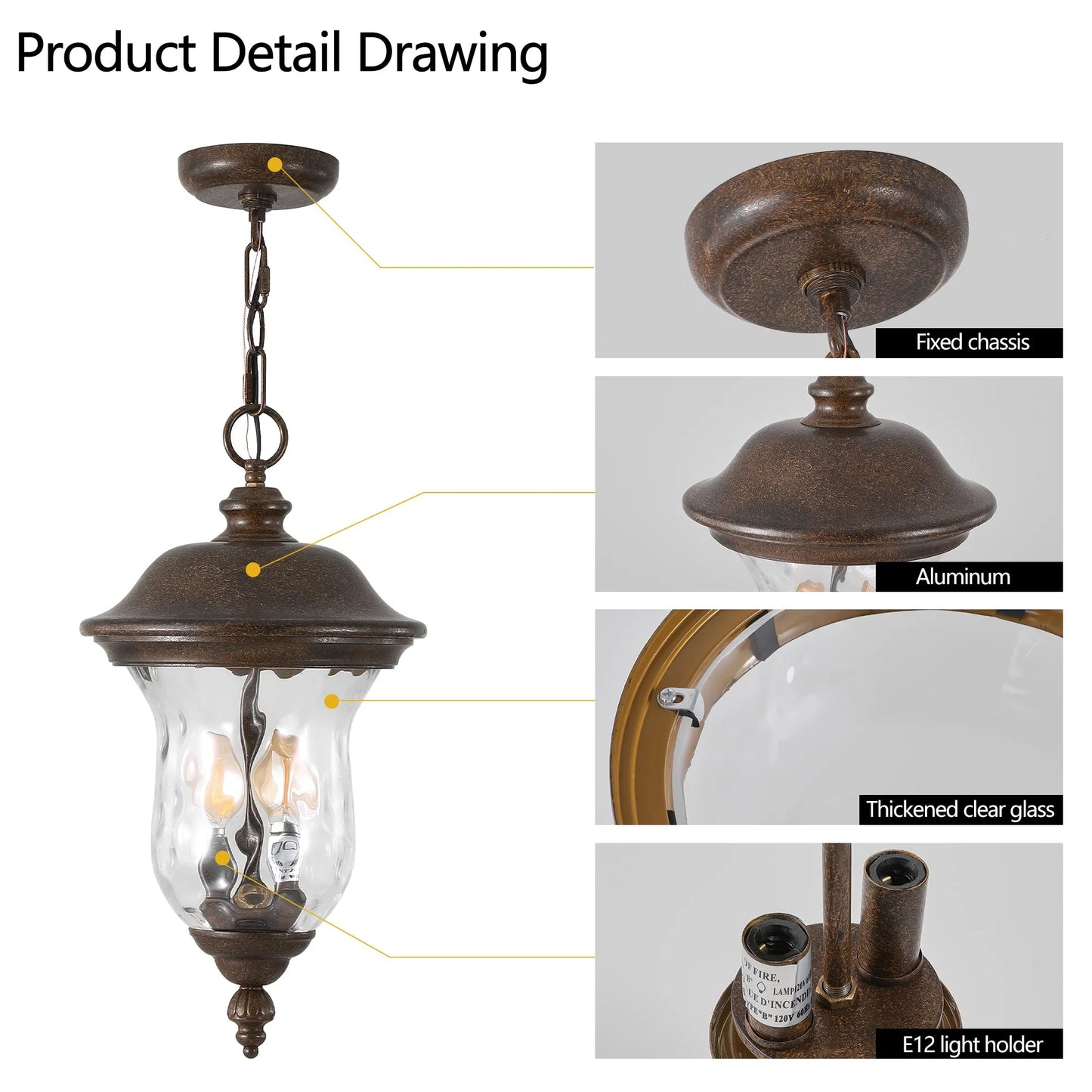 19'(H) Rustic Outdoor Hanging Lantern, Weatherproof Vintage Pendant Light with Clear Glass Shade, Waterproof Exterior Lighting Fixture for Porch – view 5