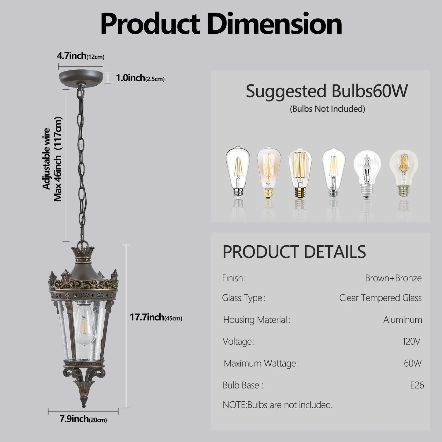 18'(H) Antique Crown Outdoor Hanging Lantern, Waterproof Vintage Pendant Light with Ornate Metal Design and Clear Glass for Patio, Garden, Porch – view 5