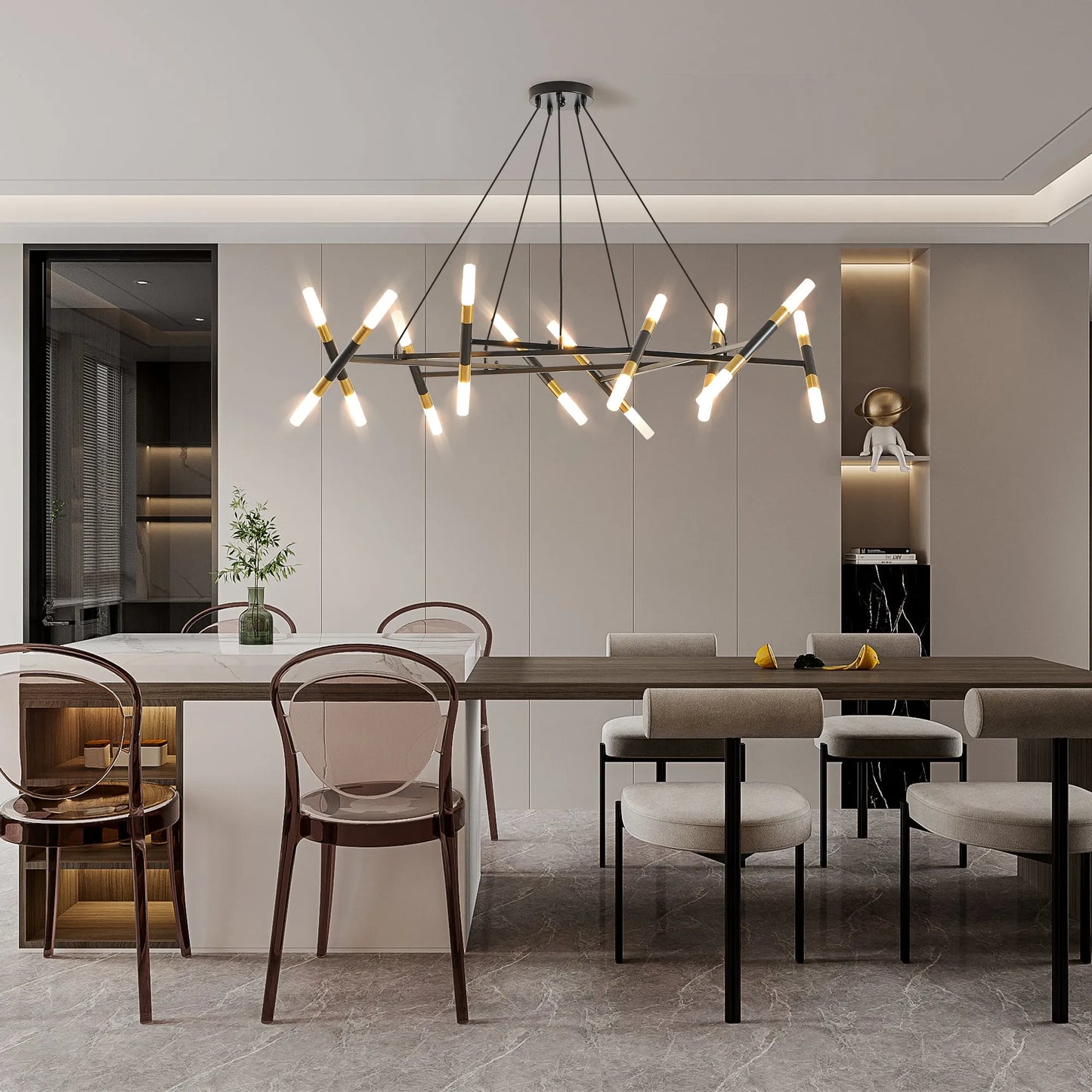 41' Black & Golden Modern Chandelier Light Fixture, Branch Design with Frosted Tubes, Black Cords, Adjustable Height Pendant Light for Dining Room – view 5