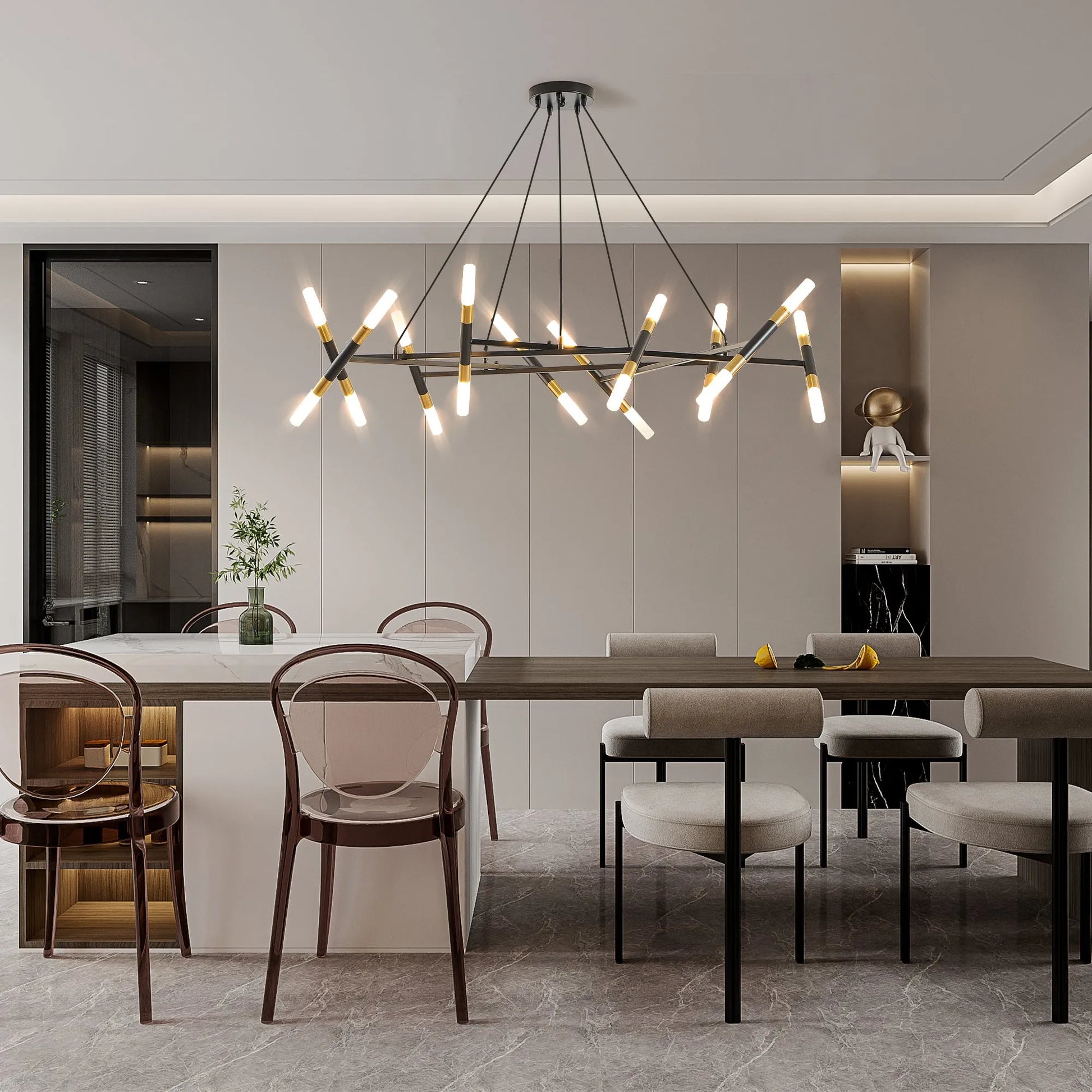 41' Black & Golden Modern Chandelier Light Fixture, Branch Design with Frosted Tubes, Black Cords, Adjustable Height Pendant Light for Dining Room – view 5