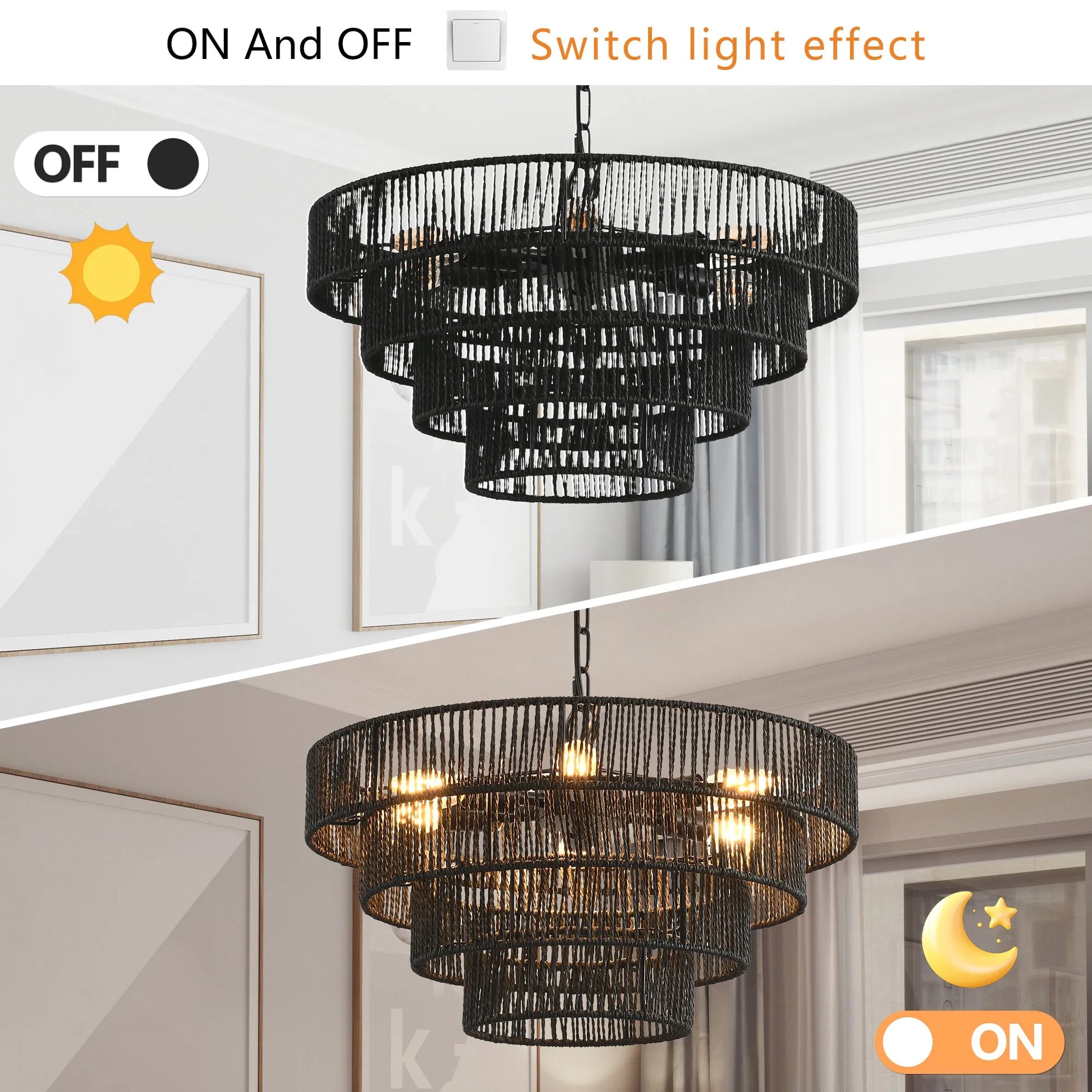 20' Rustic 4-Tier Black Hemp Rope Pendant Light Chandelier with 6 E12 Sockets, Handmade Tiered Boho Ceiling Light Fixture for Dining Room, Kitchen – view 5