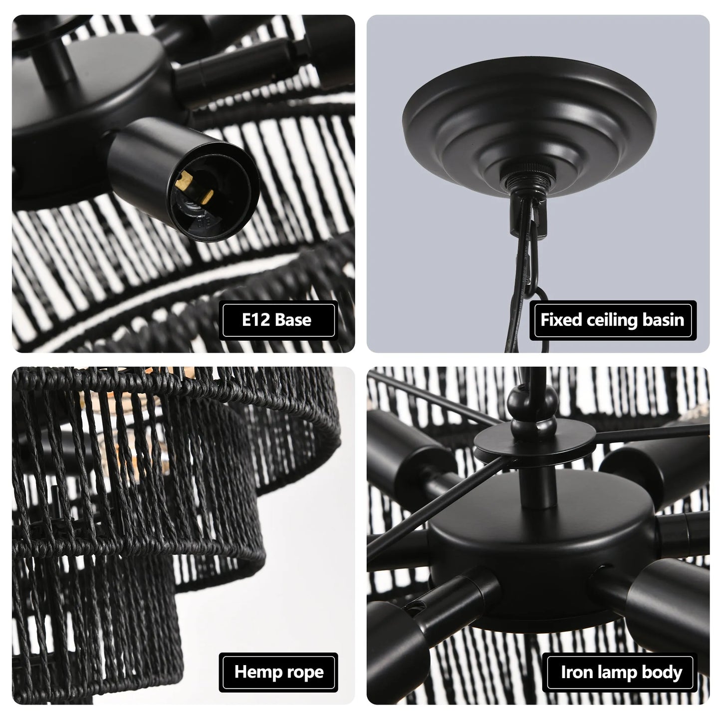 24' Rustic 5-Tier Black Hemp Rope Pendant Light Chandelier with 8 E12 Sockets, Boho Farmhouse Ceiling Fixture for Dining Room, Kitchen, or Entryway – view 5