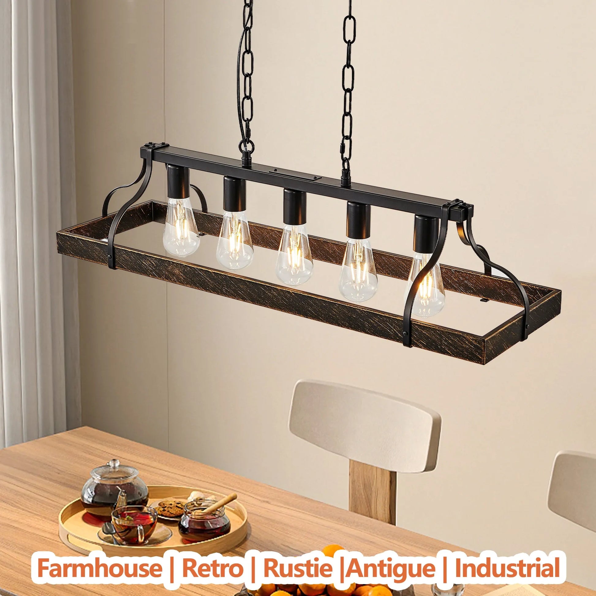 34-Inch Black Gold Vintage Pendant Light, 5 E26 Bulb Sockets, Adjustable Chain Height – Antique Style Chandelier for Dining Room, Kitchen, or Living – view 5