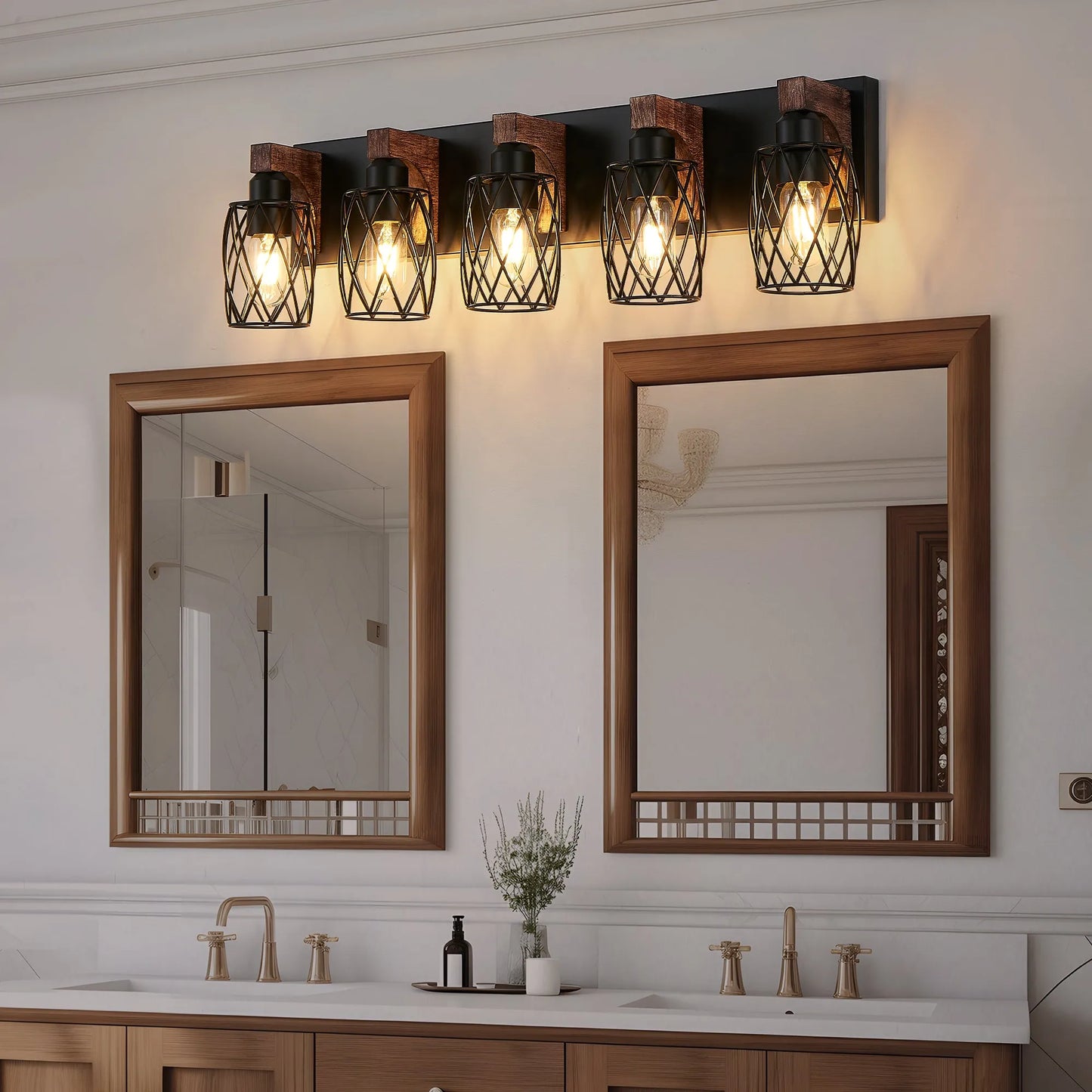 31' Industrial Vintage 5-Light Wall Sconce - Black Cage Wall Lighting Fixture with Wooden Accents for Bathroom, Hallway, or Living Room (Bulb Not – view 5