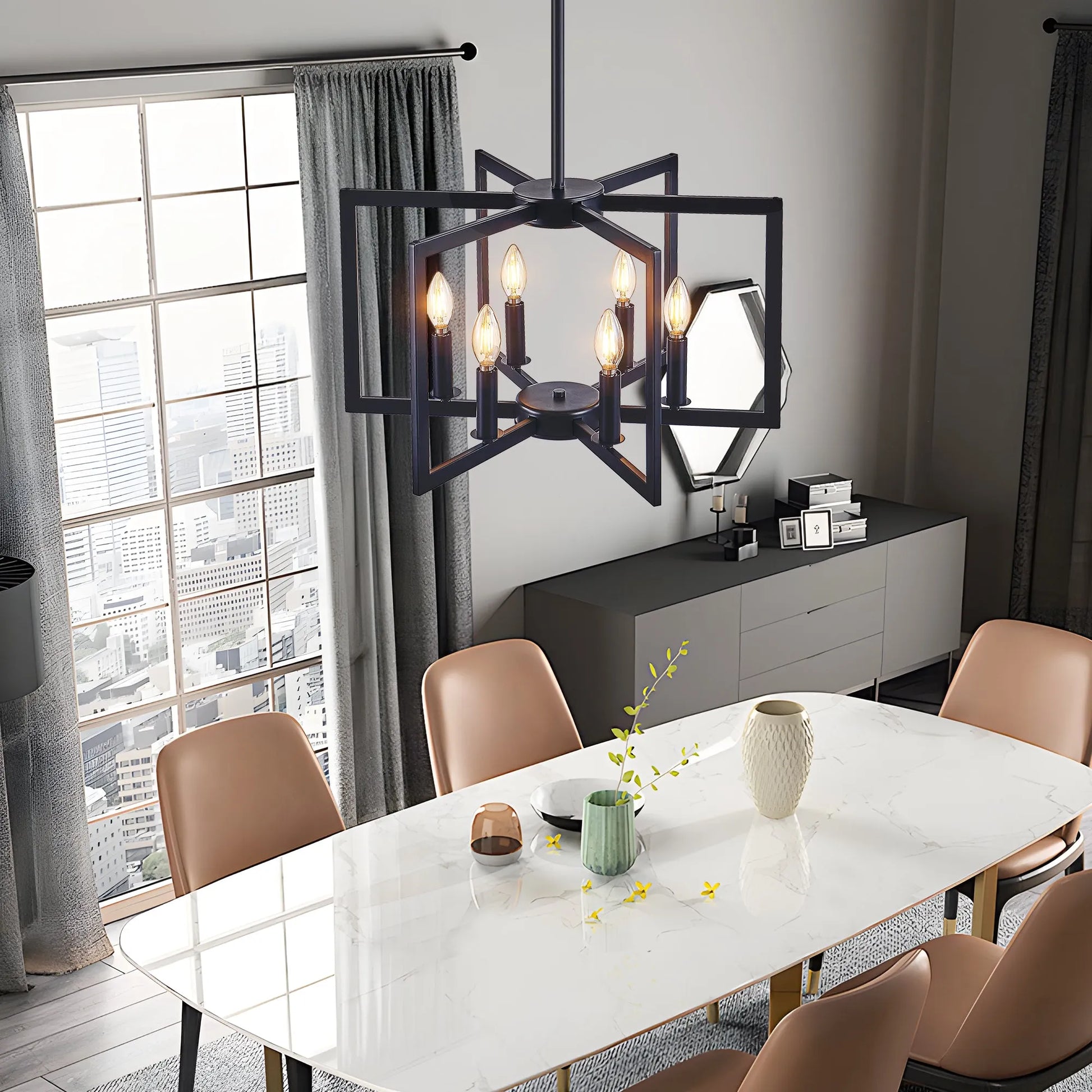 22' Modern Black Geometric 6-Light Chandelier – Industrial Metal Pendant Light Fixture for Living Room, Dining Room, or Kitchen (Bulb Not Included) – view 5