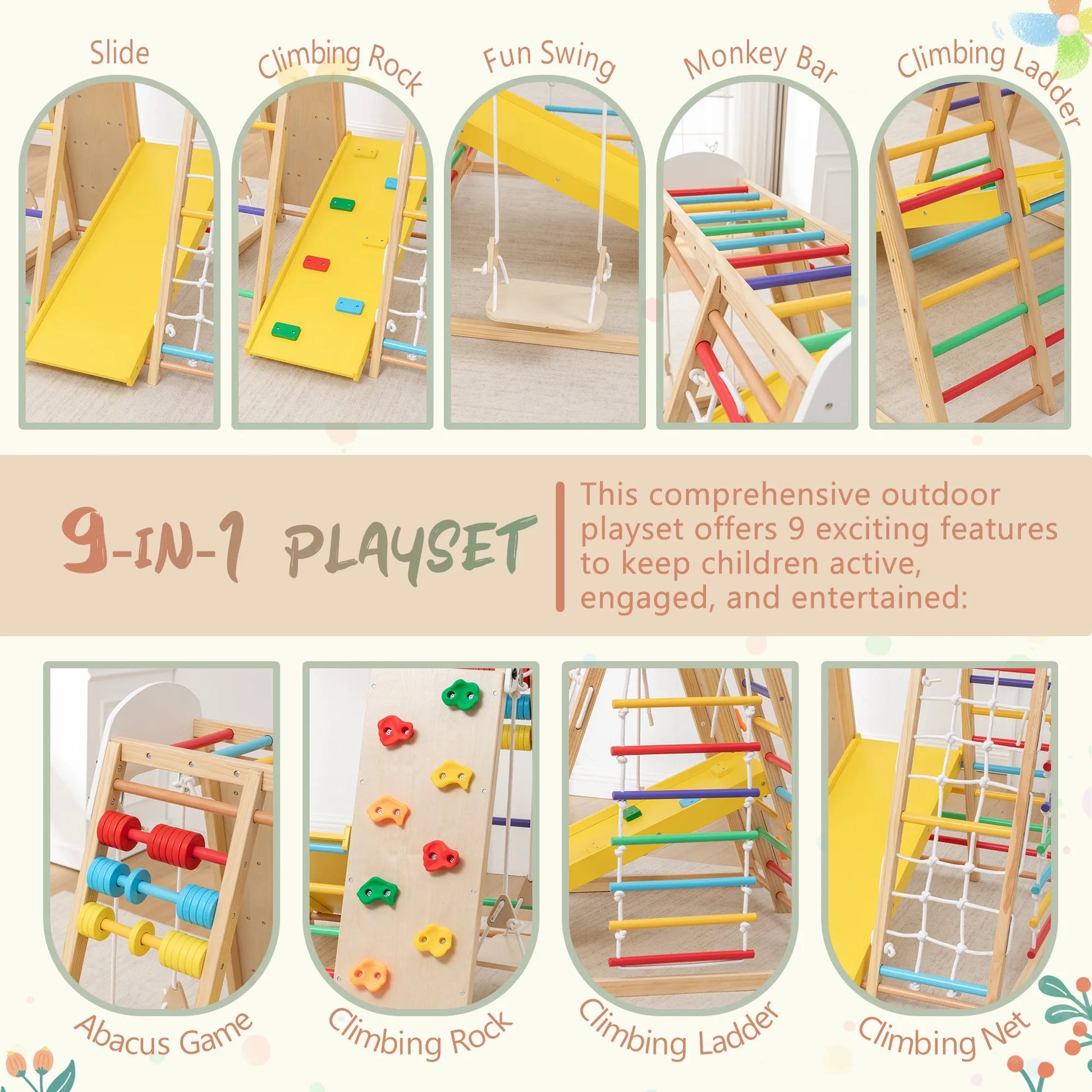 9-in-1 Foldable Kids Climbing Frame & Slide, Wooden Toddler Playground with Swing, Monkey Bars, Climbing Rock, Abacus Game – Indoor Outdoor Playset – view 5