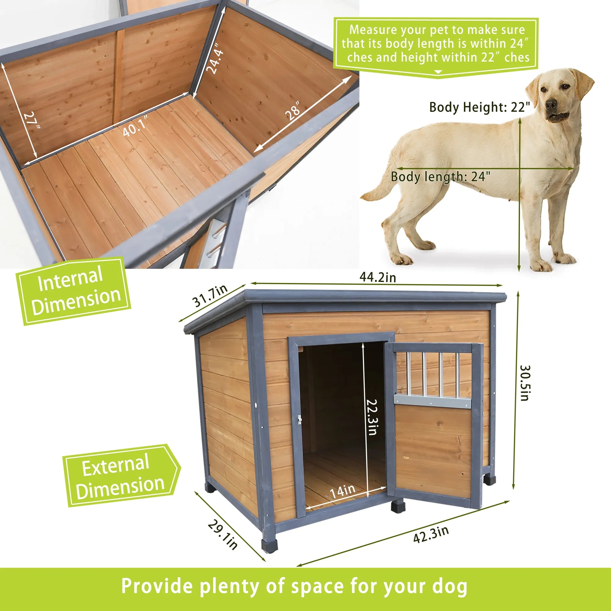 45'large solid wood dog house, waterproof PVC plastic roof, breathable wooden doors – view 5