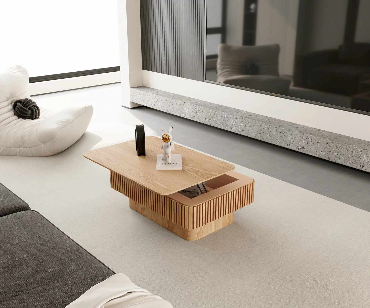 38.6'' Fluted Lift-top Coffee Table Solid Wood Veneered Modern Coffee Table Accent Tea Table with Storage and Adjustable Height for Living Room – view 5