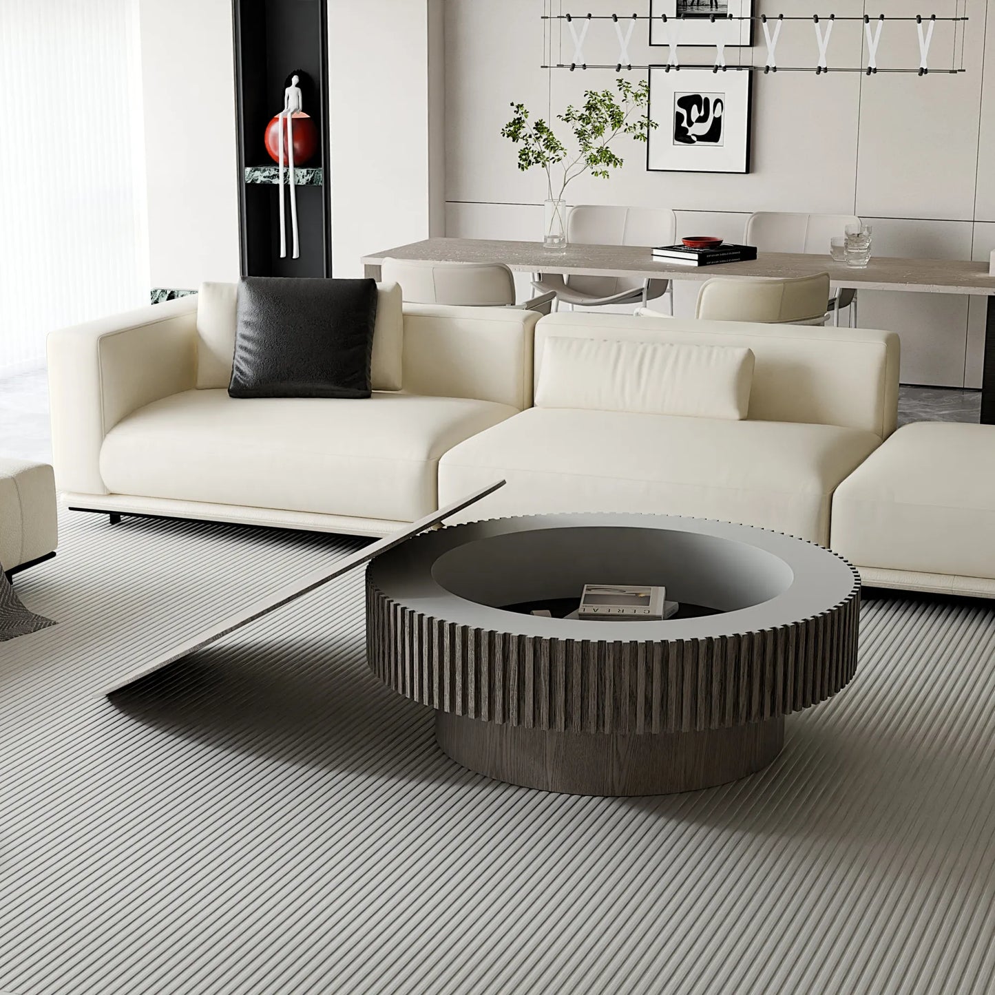 39.37'' Round Coffee Table with Storage Solid Wood Veneered Modern Coffee Table Accent Tea Table for Living Room, Bedroom, Apartment or Office, Grey – view 5