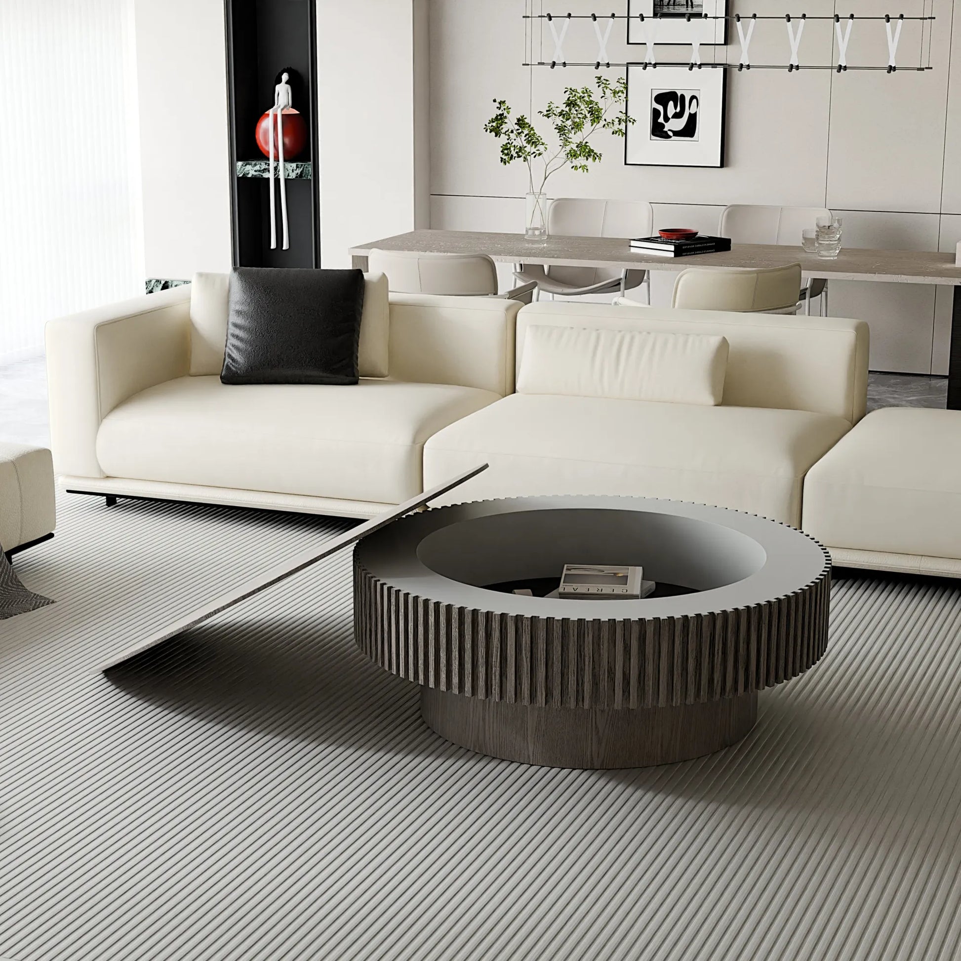 39.37'' Round Coffee Table with Storage Solid Wood Veneered Modern Coffee Table Accent Tea Table for Living Room, Bedroom, Apartment or Office, Grey – view 5