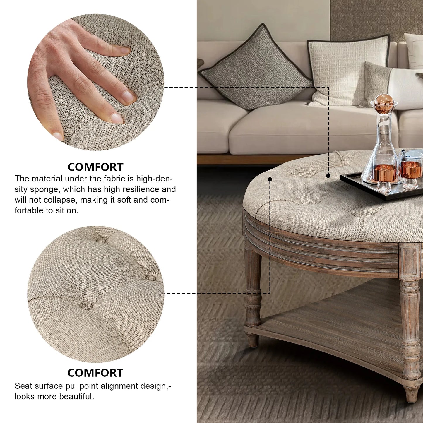 Large Round Waterproof Ottoman Coffee Table 2 Tier Oversized Button Tufted Ottoman with Wooden Shelf Storage Farmhouse Upholstered Coffee Table – view 5