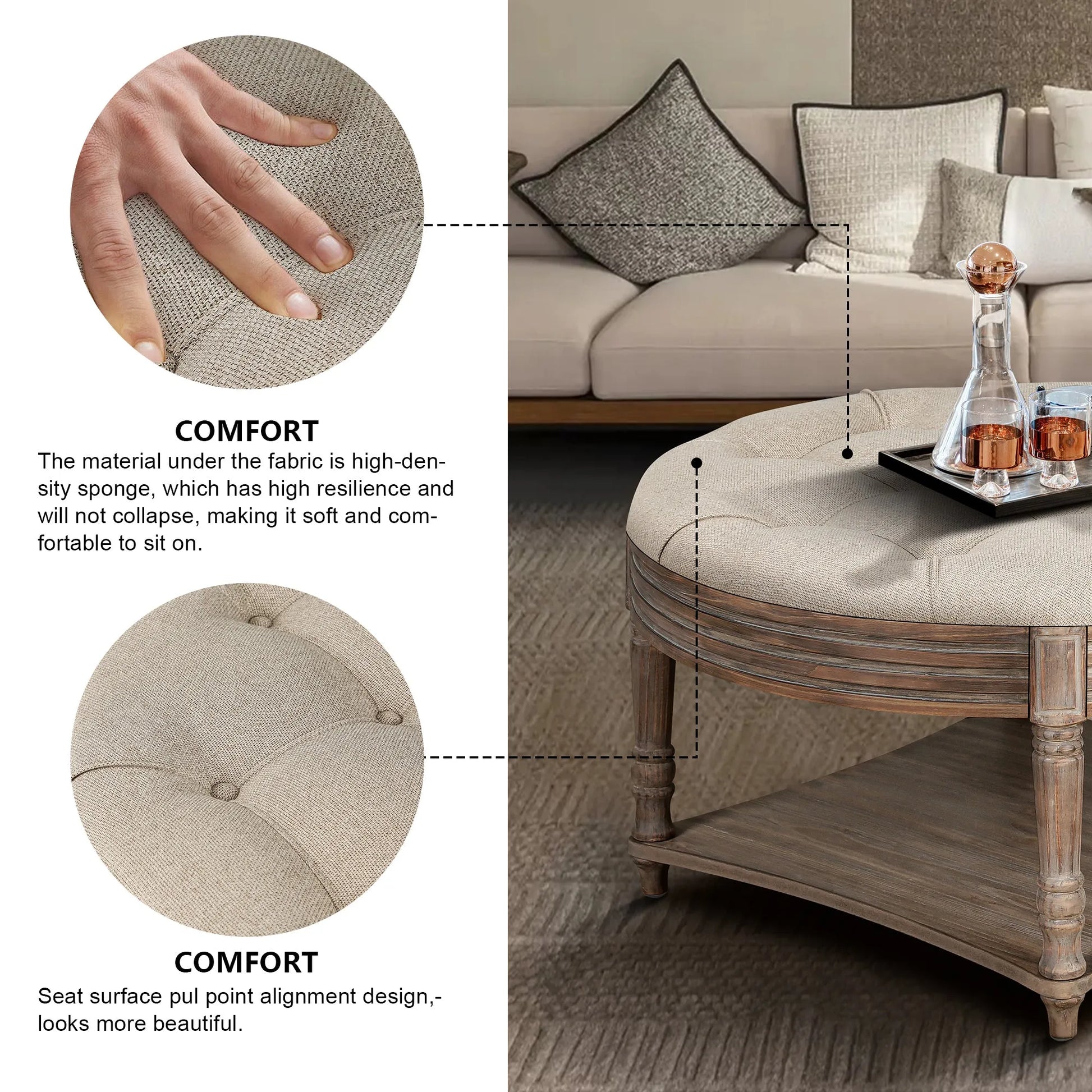 Large Round Waterproof Ottoman Coffee Table 2 Tier Oversized Button Tufted Ottoman with Wooden Shelf Storage Farmhouse Upholstered Coffee Table – view 5