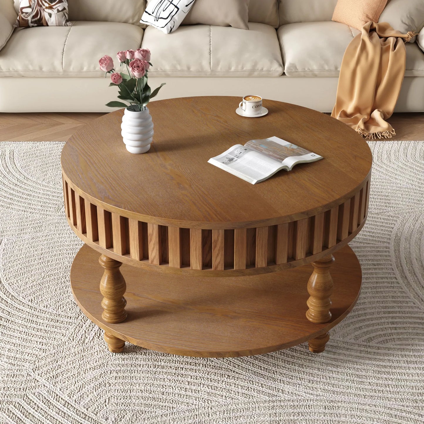 Farmhouse Fluted Coffee Table with Storage and Flip-Top Lids, Rustic Brown Center Table for Living Room with Spacious Hidden Storage, Sturdy Durable – view 5