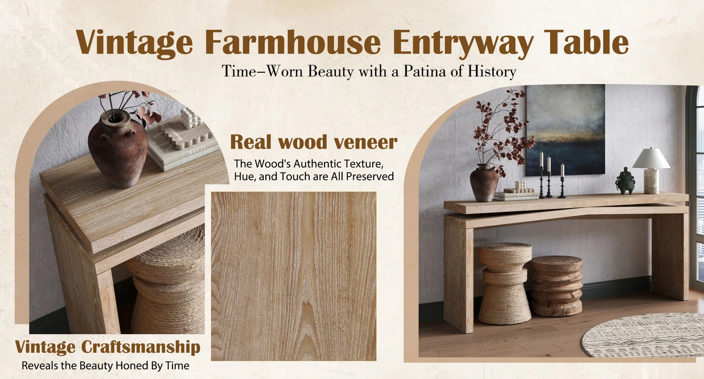 65-Inch Rustic Solid Wood Veneer Console Table, Long Farmhouse Entryway Sofa Table for Living Room, Hallway, Behind Couch, Apartment, Antique Natural – view 5