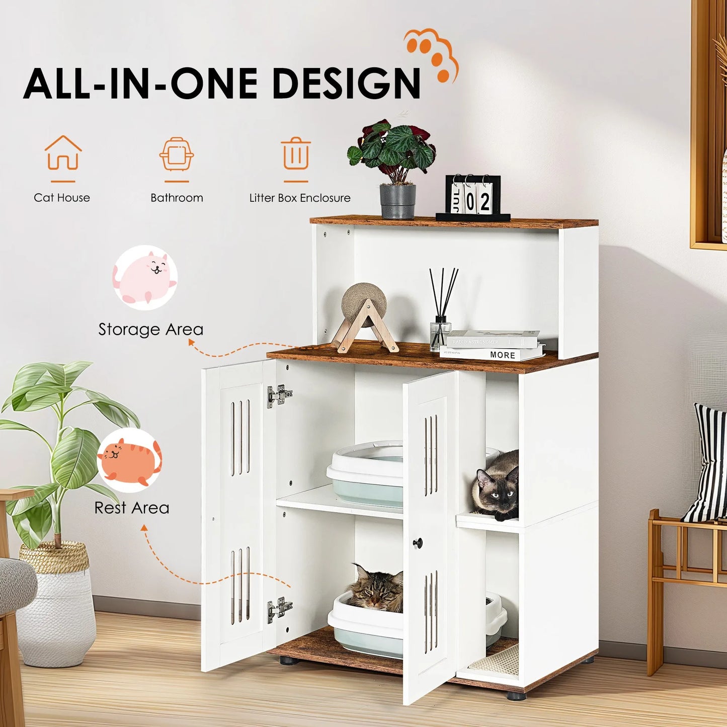 Litter Box Enclosure for 2 Cats,Hidden cat furniture, double litter cabinet, can be used as side cabinet, wash bathroom – view 5