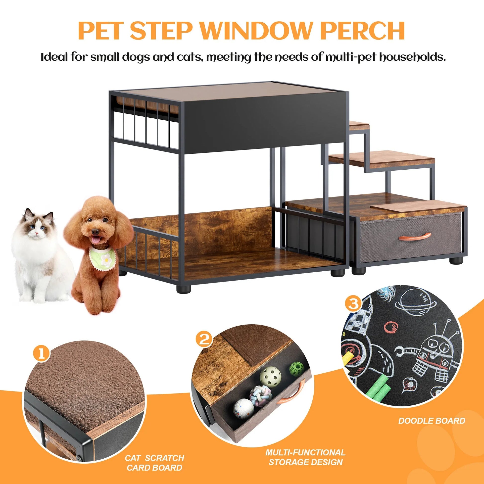 Vintage Multi-Level Pet Step Window Perch with Sponge and Non-Slip Pad, Particle Board, Black – view 5