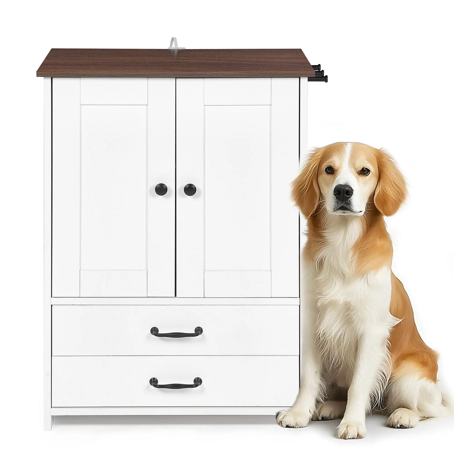 Dog feeding station, double door locker with 2 adjustable dog bowls, 3 hooks on right side, white – view 5