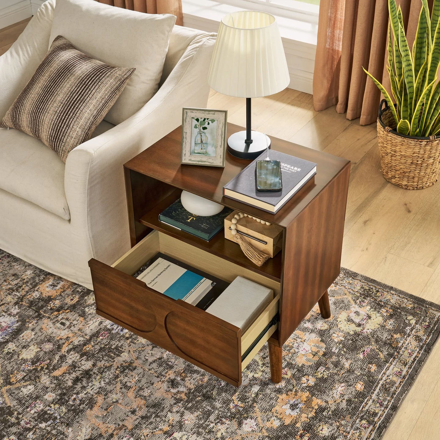 Mid Century Modern Fluted Nightstand with Charging Station USB Ports & Outlet Hole & 4 Solid Wood Legs, Farmhouse End Table with Open Space and – view 5