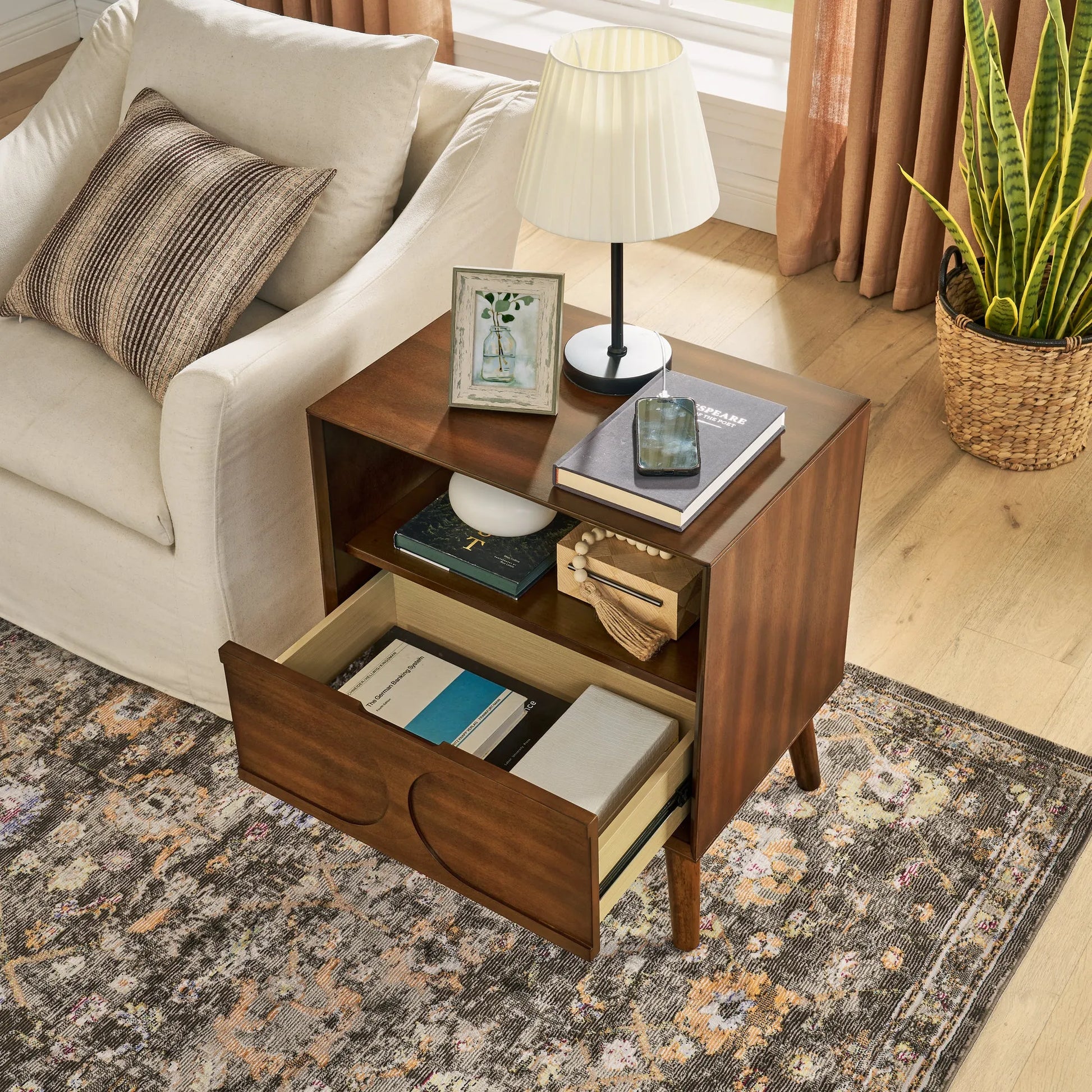 Mid Century Modern Fluted Nightstand with Charging Station USB Ports & Outlet Hole & 4 Solid Wood Legs, Farmhouse End Table with Open Space and – view 5