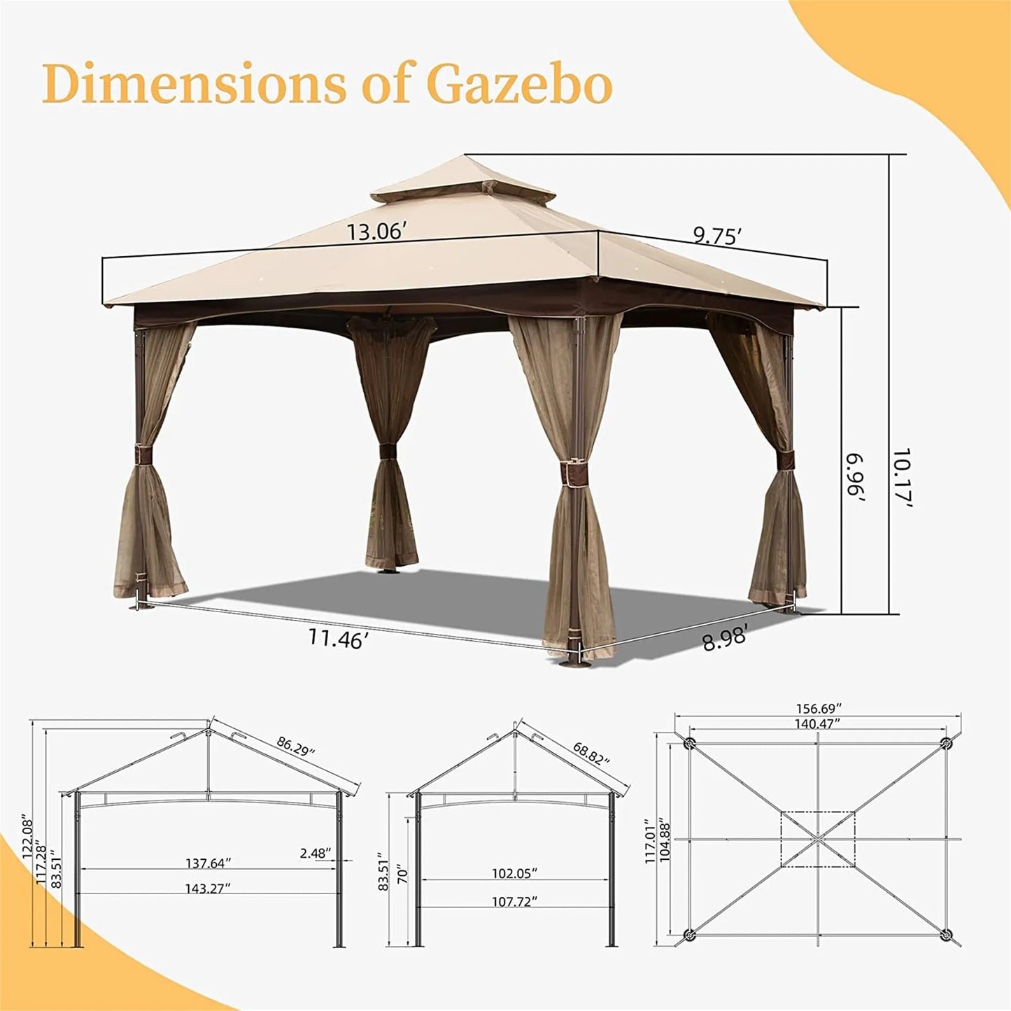 10'x13' Gazebo, Outdoor Gazebo with Mosquito Netting, Metal Frame Double Roof Soft Top Patio Gazebo Canopy Tent for Deck Backyard Garden Lawns (Khaki) – view 5