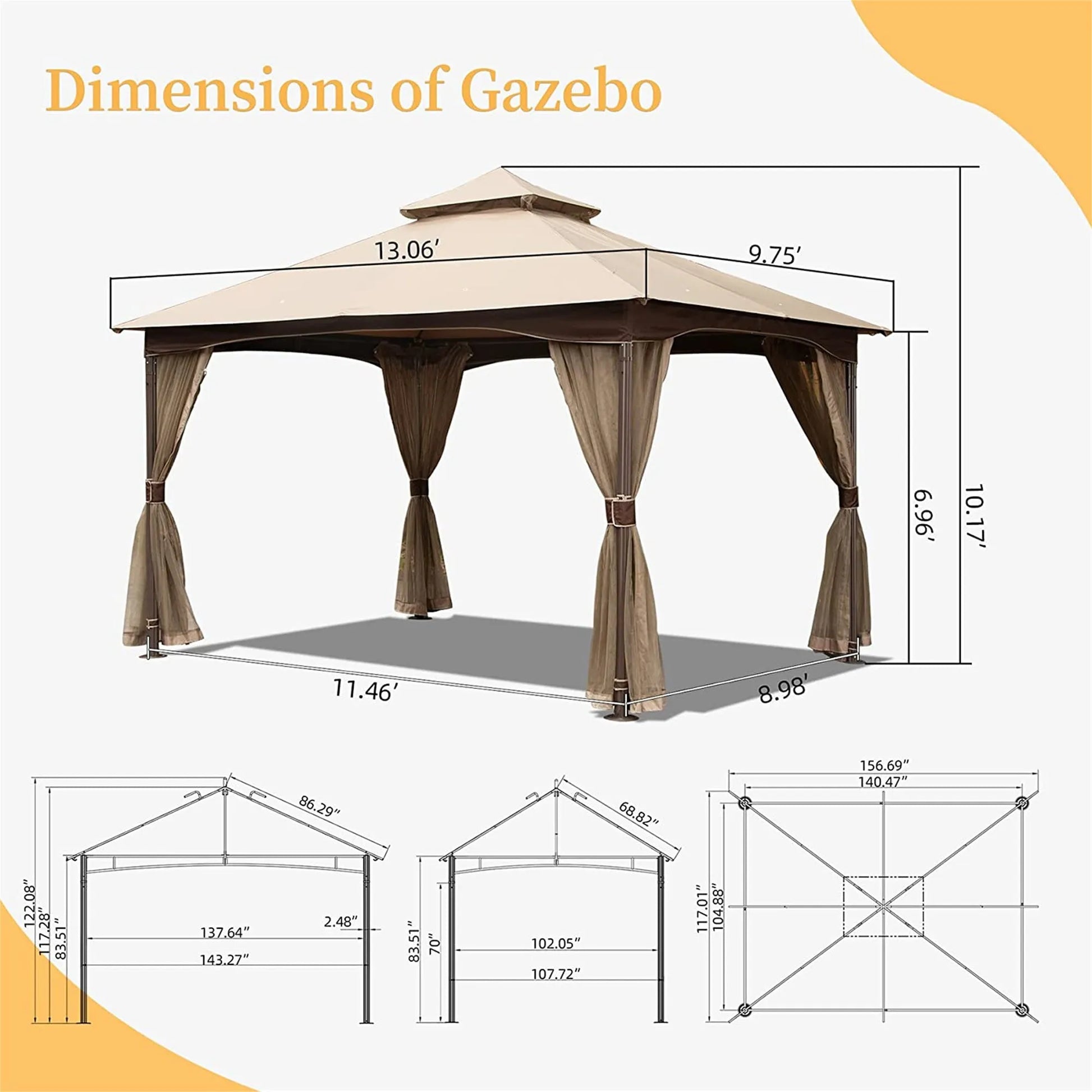 10'x13' Gazebo, Outdoor Gazebo with Mosquito Netting, Metal Frame Double Roof Soft Top Patio Gazebo Canopy Tent for Deck Backyard Garden Lawns (Khaki) – view 5