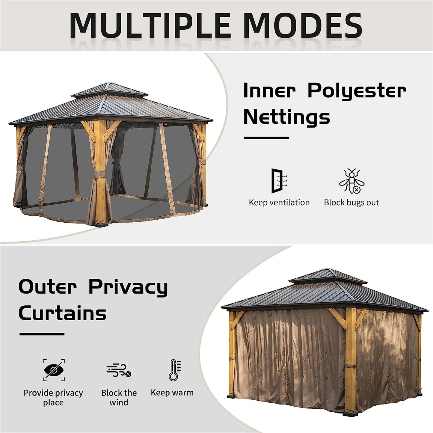 12'x12' Hardtop Gazebo, Outdoor Cedar Wood Frame Canopy with Galvanized Steel Double Roof, Outdoor Permanent Metal Pavilion with Curtains and Netting – view 5