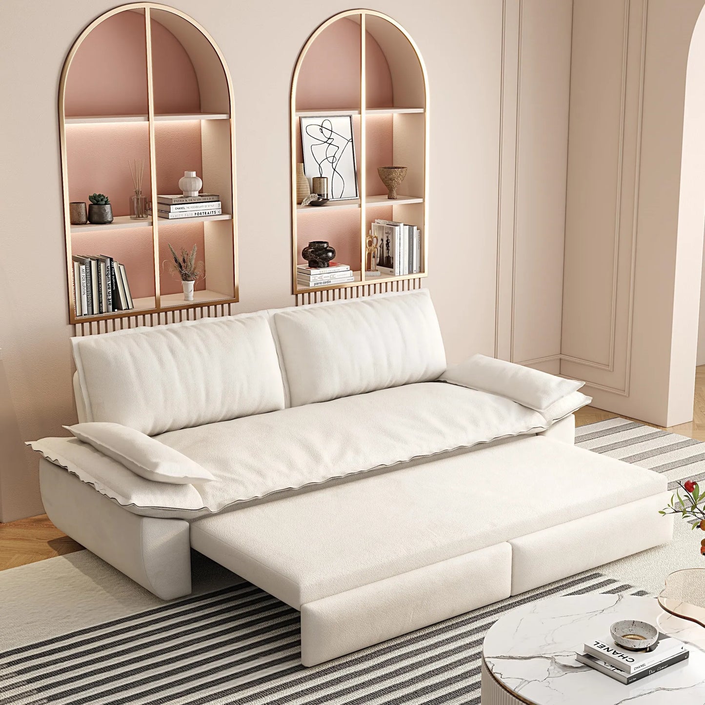 73.2'Queen Pull Out Sofa Bed,3-in-1 Convertible Sleeper Sofa,Multi-Functional Velvet Loveseat Bed,Beige/White – view 5