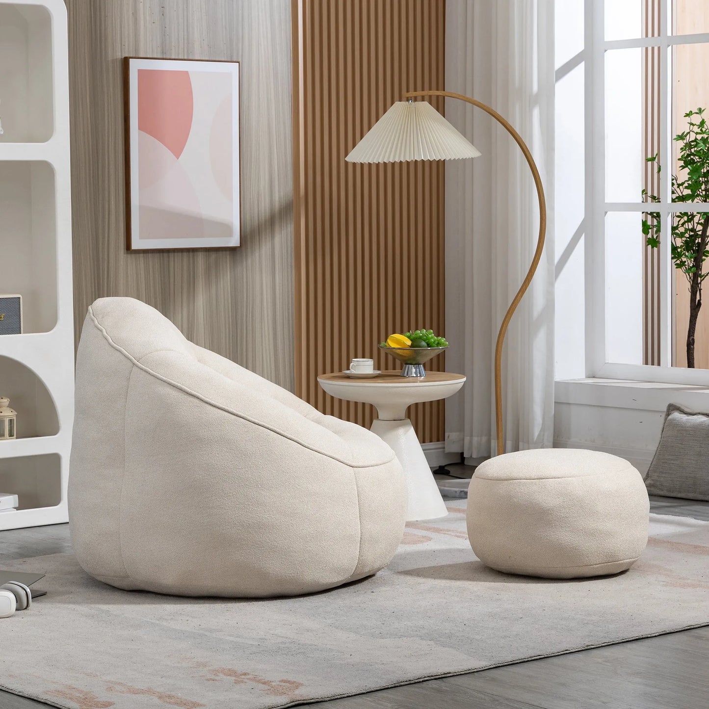 Bedding Bean Bag Sofa Chair with High-Pressure Foam and Footrest, Beige Microfiber – view 5