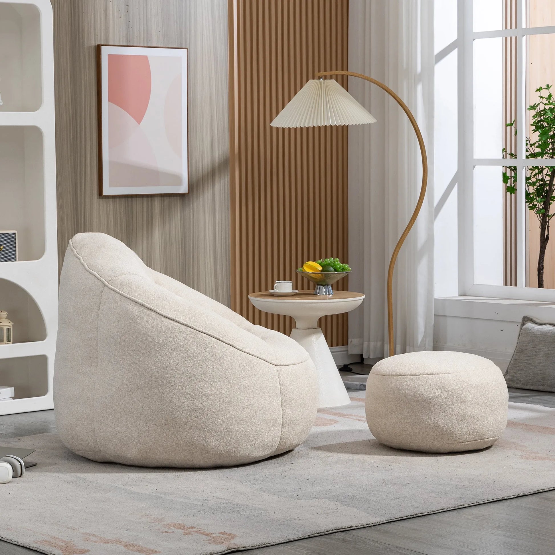 Bedding Bean Bag Sofa Chair with High-Pressure Foam and Footrest, Beige Microfiber – view 5