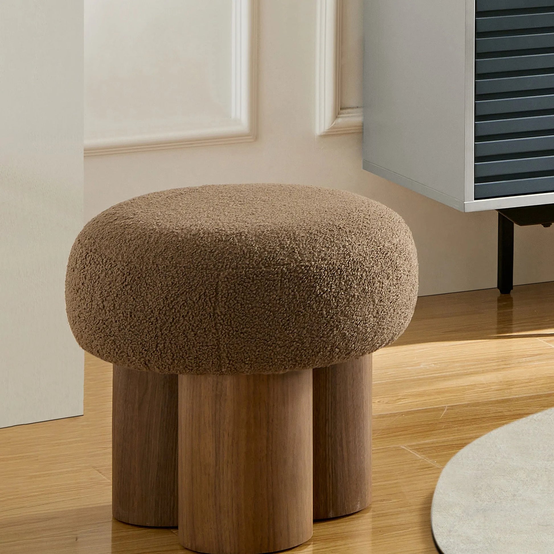 Mushroom Stool with Brown Lamb Wool Seat and Walnut Veneer Barrel PVC Pipe – view 5